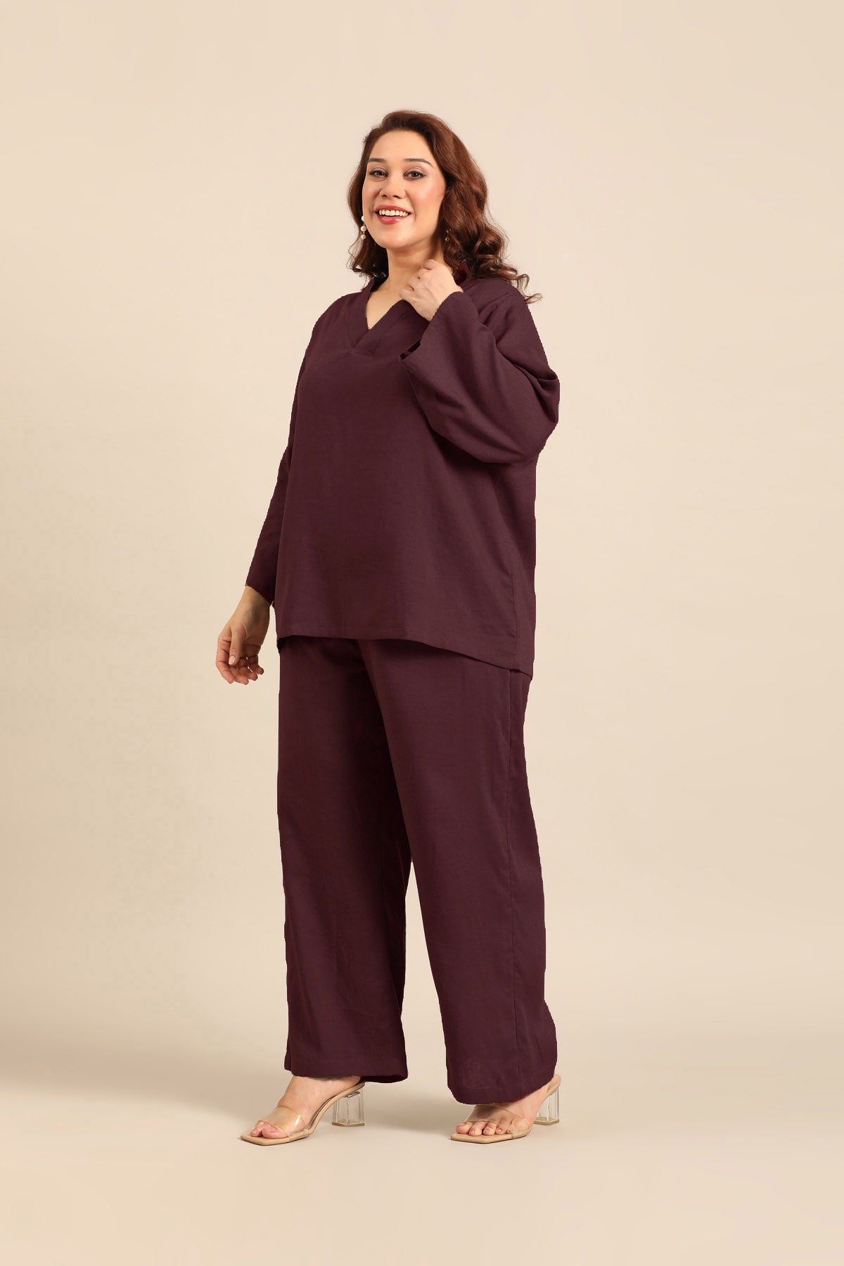 Adele Wine Linen Blend Women's Co-ord Set