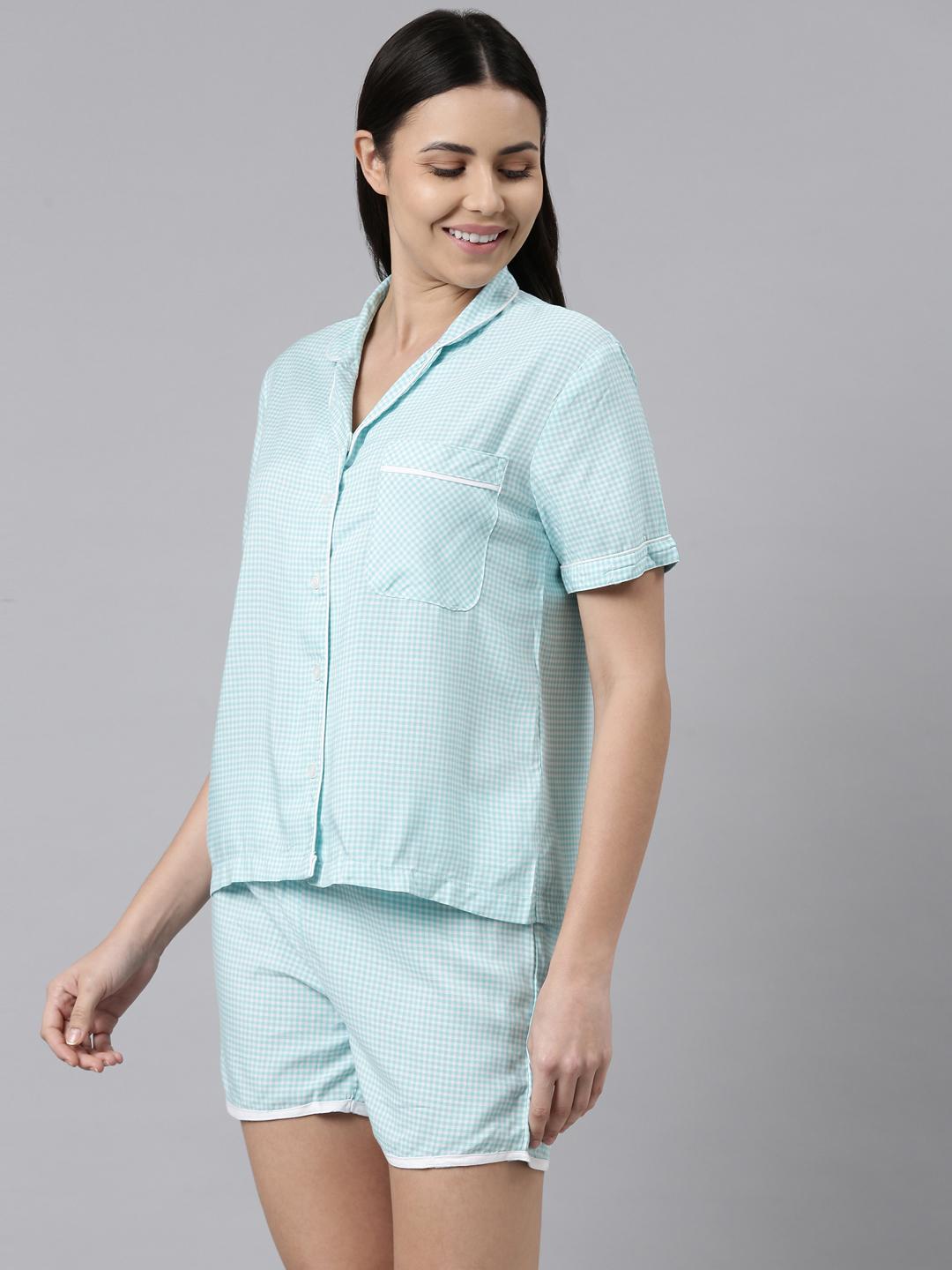 Aqua Checked Cotton Women's Shorts Set