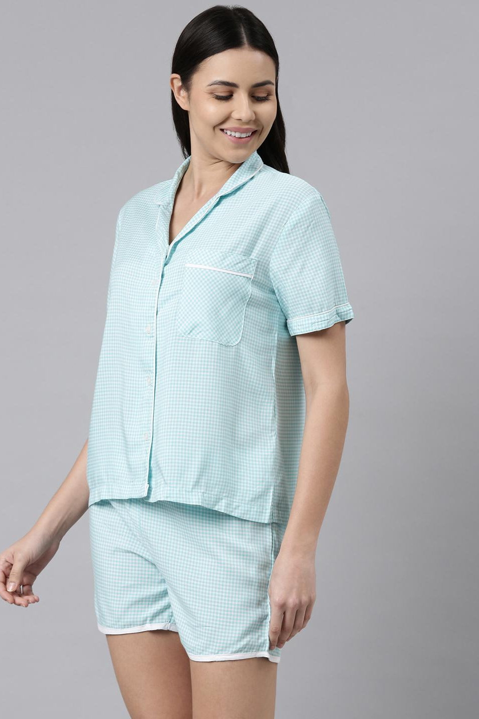 Aqua Checked Cotton Women's Shorts Set