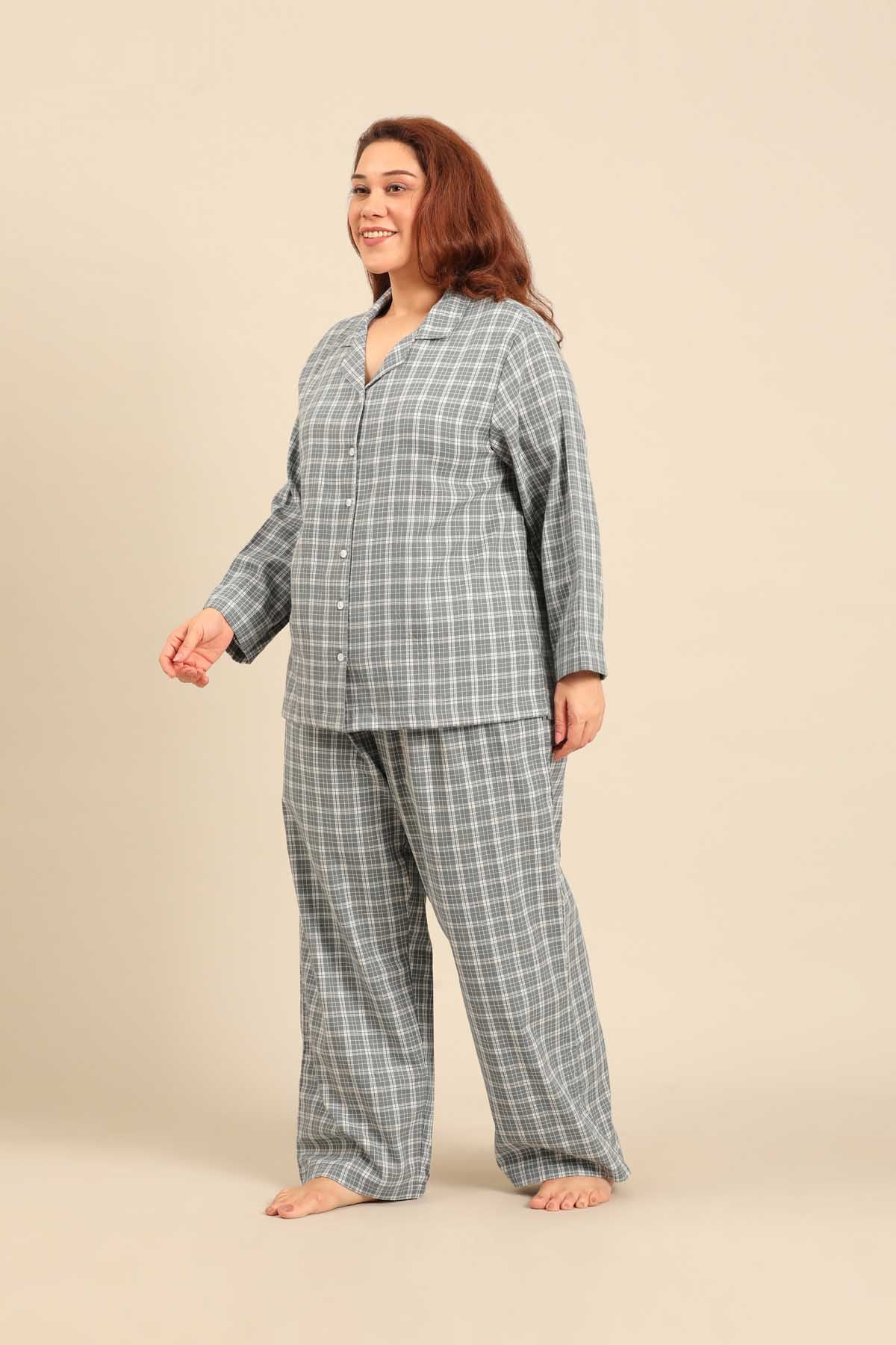 Dusty Blue Check Cotton Twill Women's Curve Pajama Set - Full Sleeves