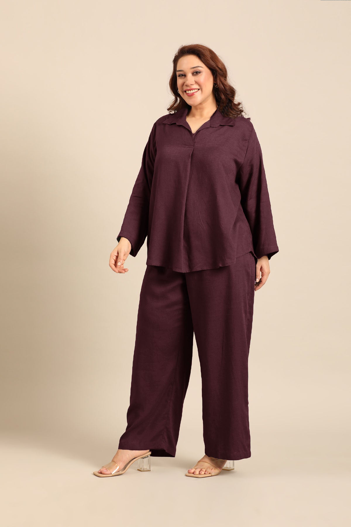 Estelle Wine Linen Blend Women's Co-ord Set