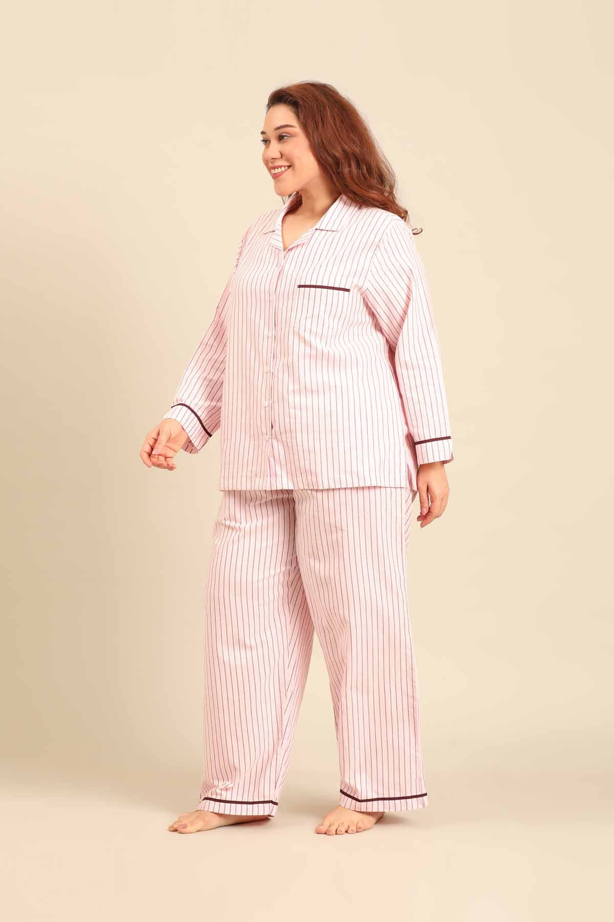 Vivian Stripe Cotton Women's Curve Pajama Set - Full Sleeves