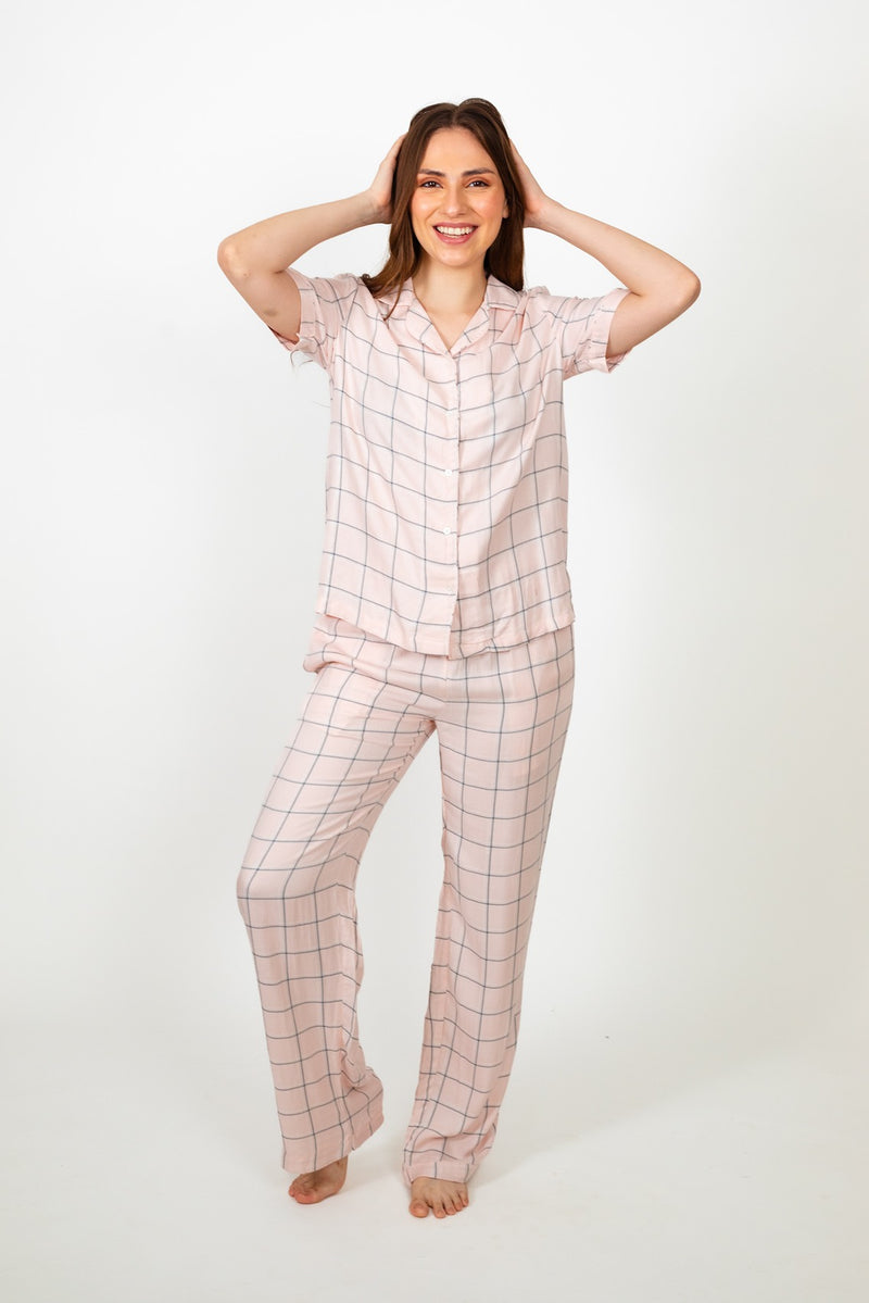 Summer Pink Checked Cotton Lurex Women's Pajama Set