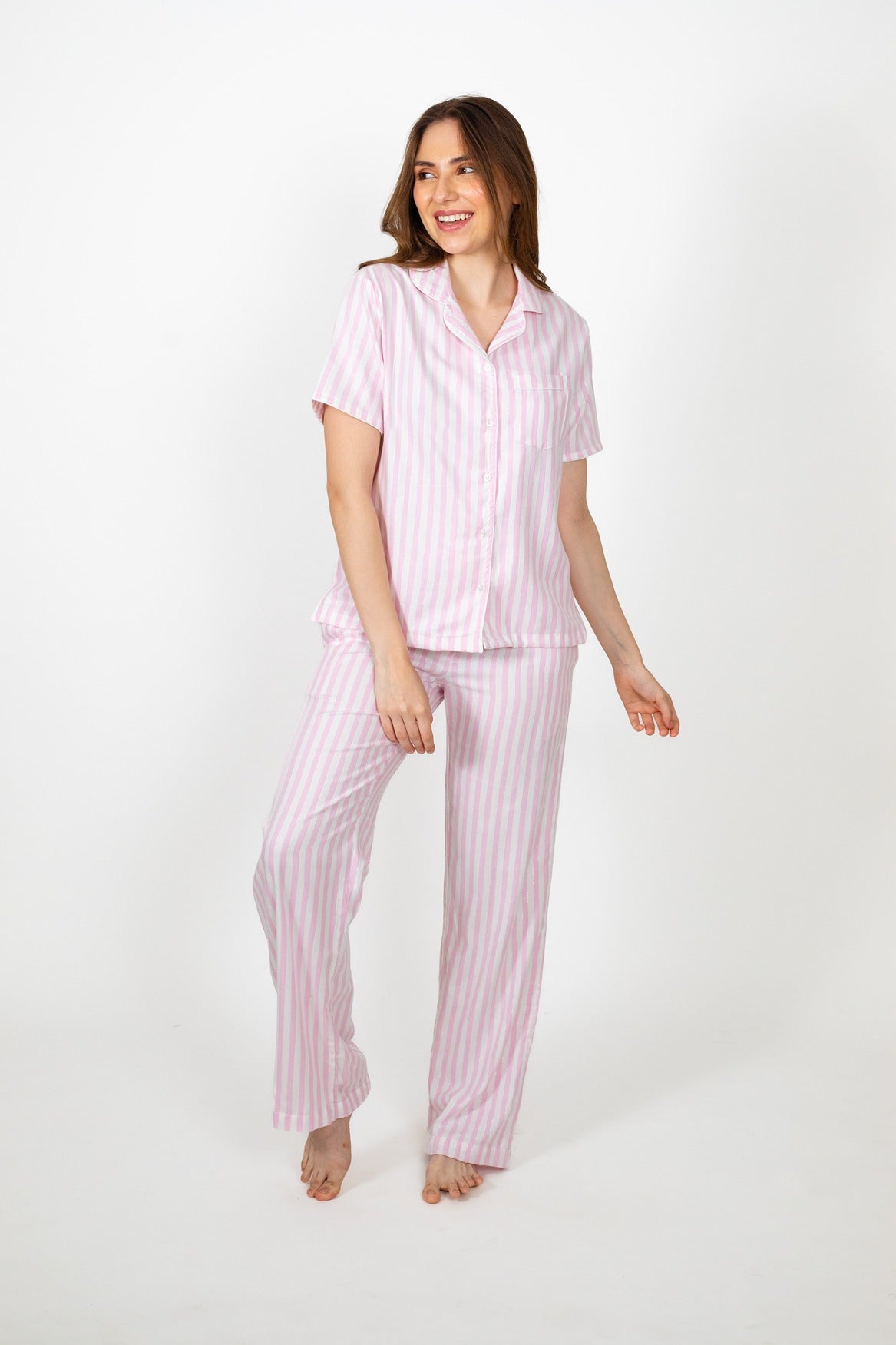 Cherry Stripe Lurex Pink Cotton Women's Pajama Set