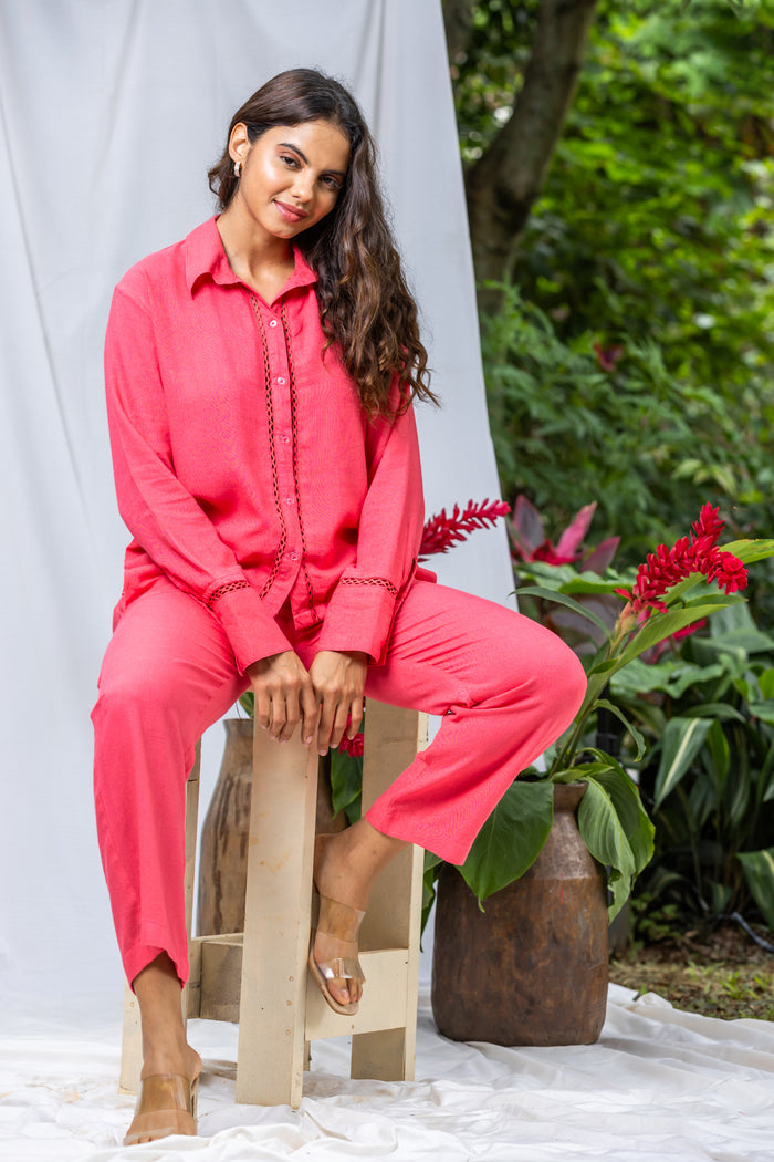 Ruby Pink Linen Women's Lounge Pant Set