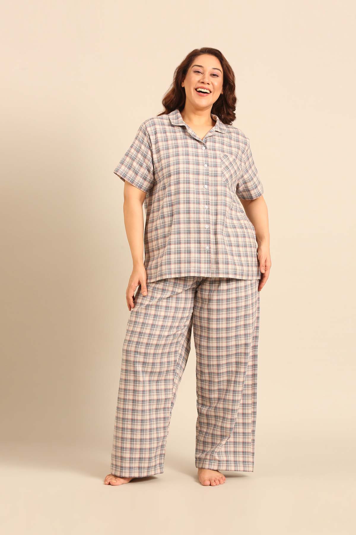 Beige Plaid Cotton Women's Curve Shirt Only - Half Sleeves