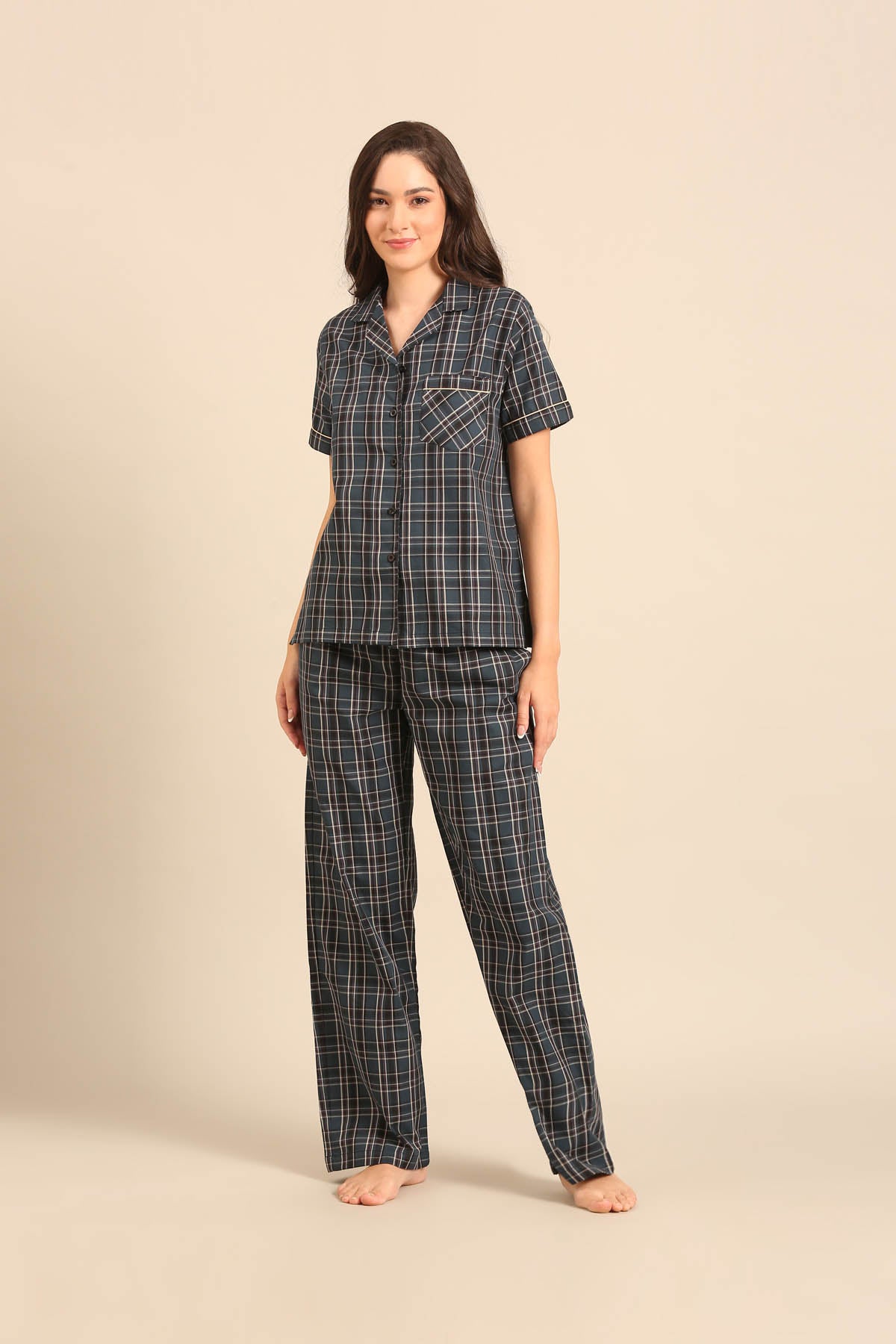 Charlotte Check Cotton Women's Pajama Set - Half Sleeves