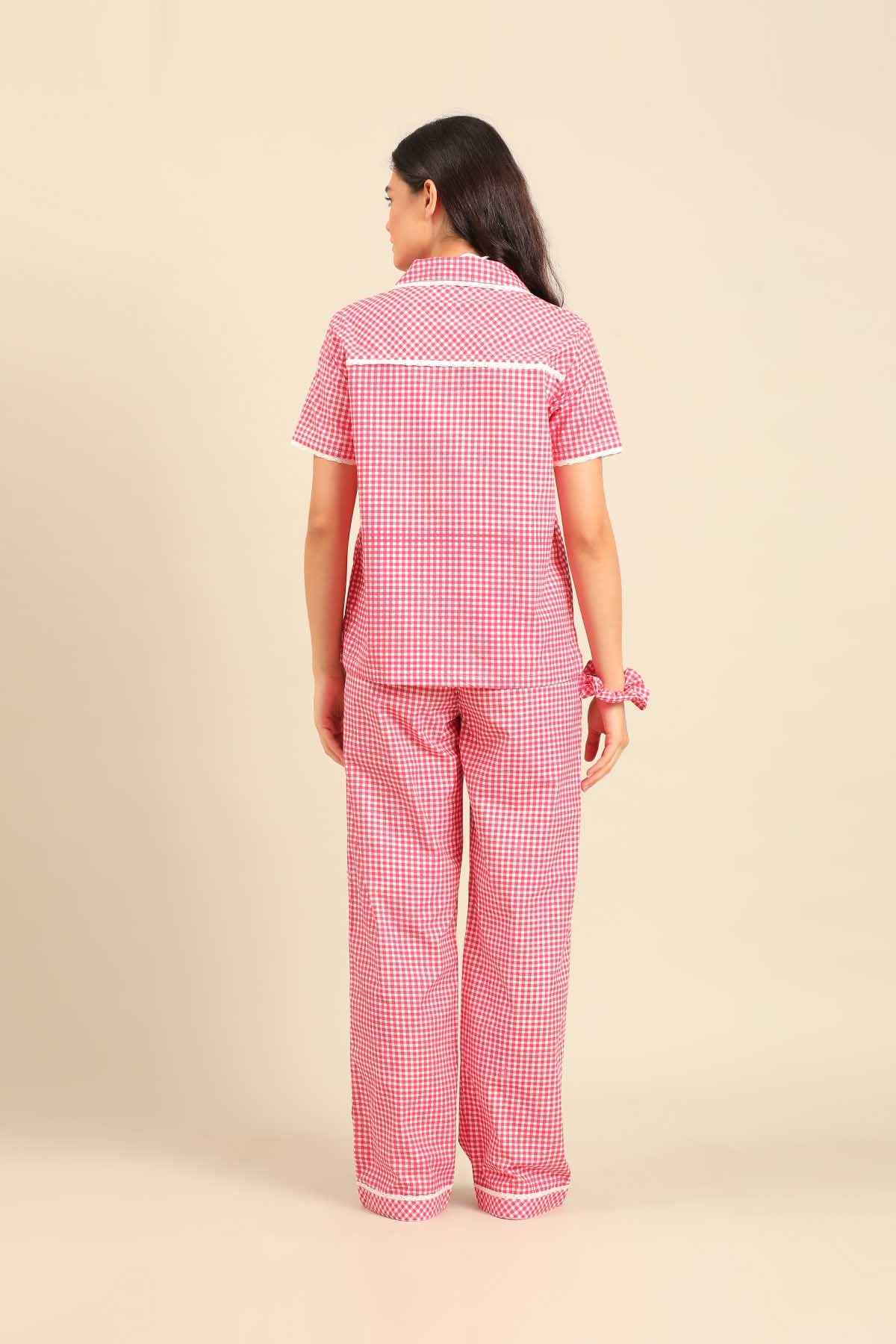 Red Gingham Check Cotton Blend Women's Pajama Set - Half Sleeves