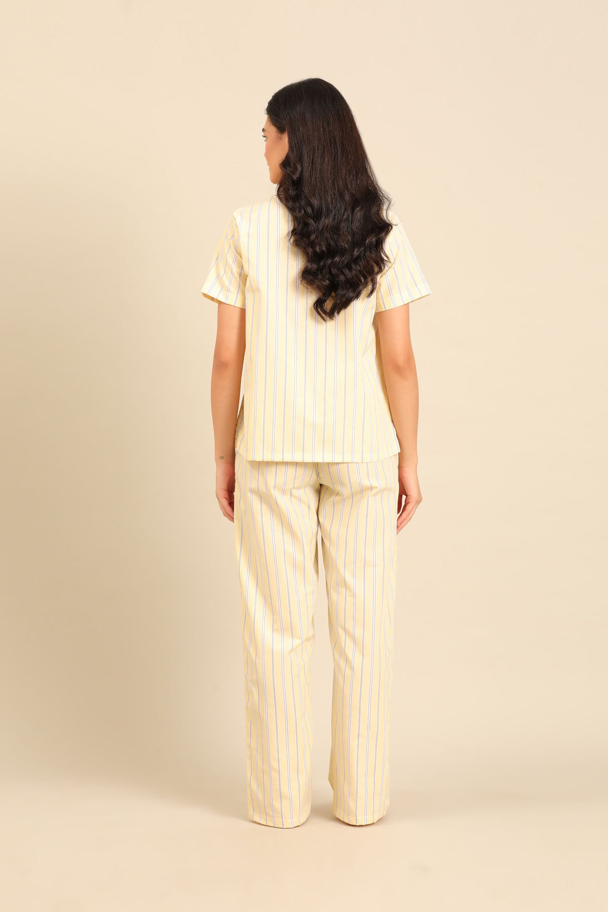 Butter Yellow Stripe Cotton Blend Women's Pajama Set - Half Sleeves