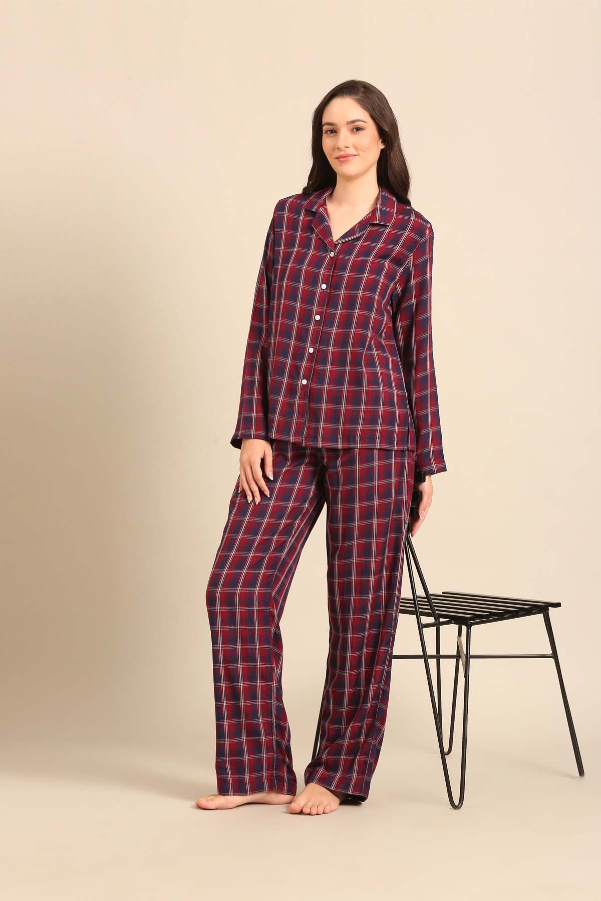 Ruby Check Cotton Women's Pajama Set- Full Sleeves