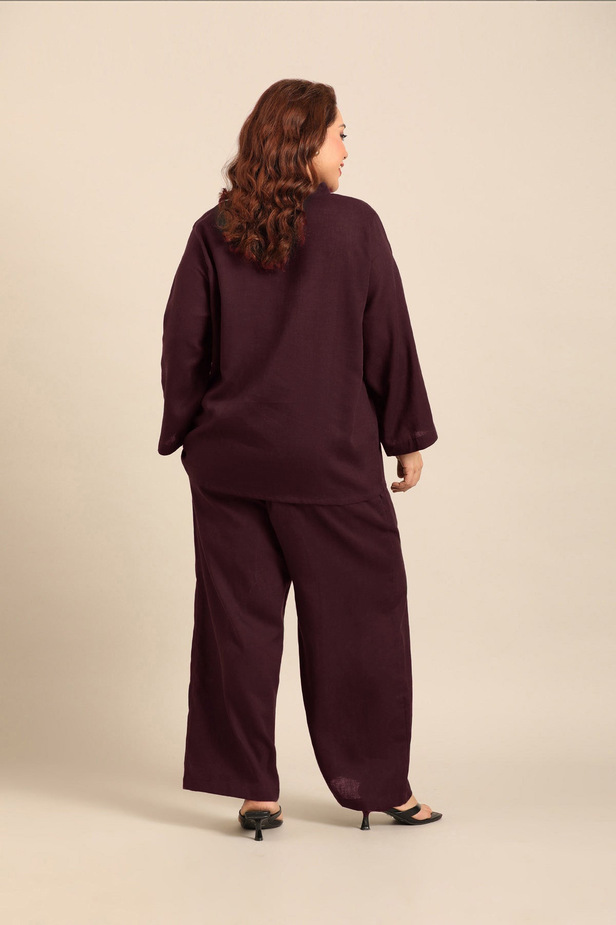 Sandra Wine Linen Blend Women's Co-ord Set