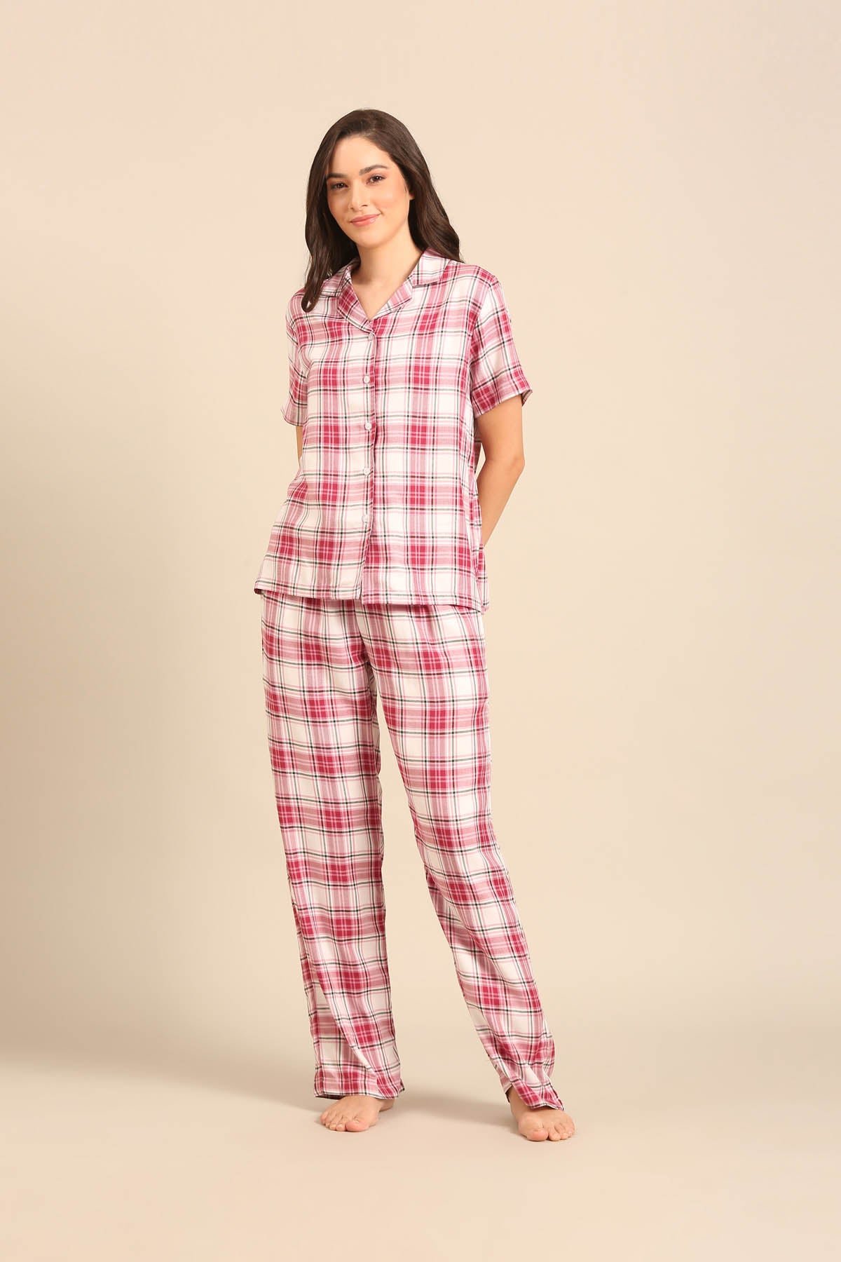 Nina Check Viscose Twill Women's Pajama Set - Half Sleeves