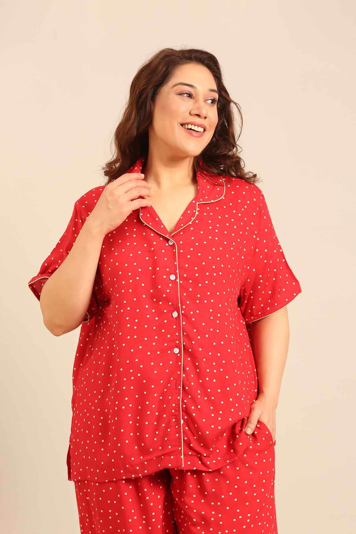 Minnie Polka Viscose Women's Curve Pajama Set - Half Sleeves