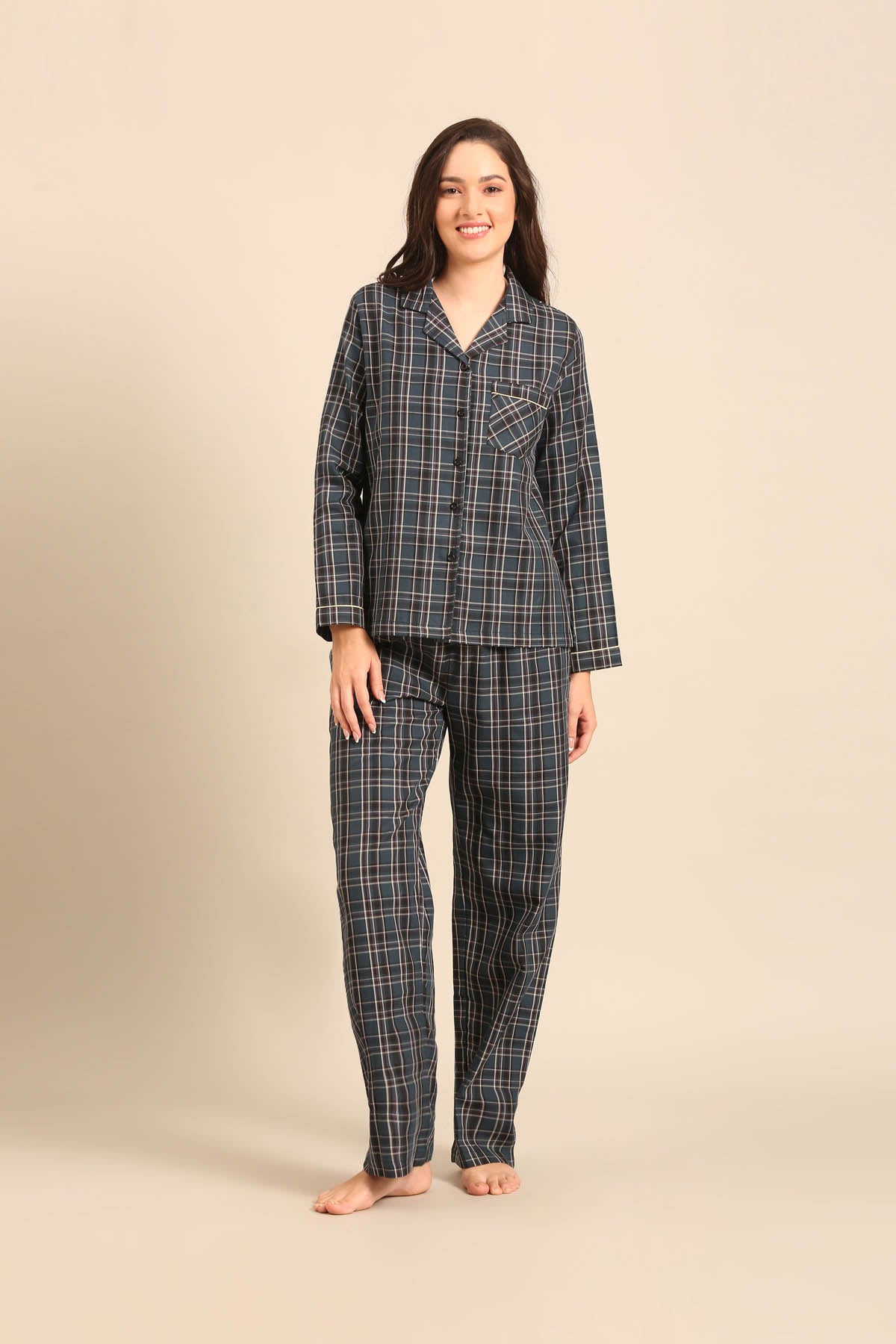 Charlotte Check Cotton Women's Pajama Set - Full Sleeves