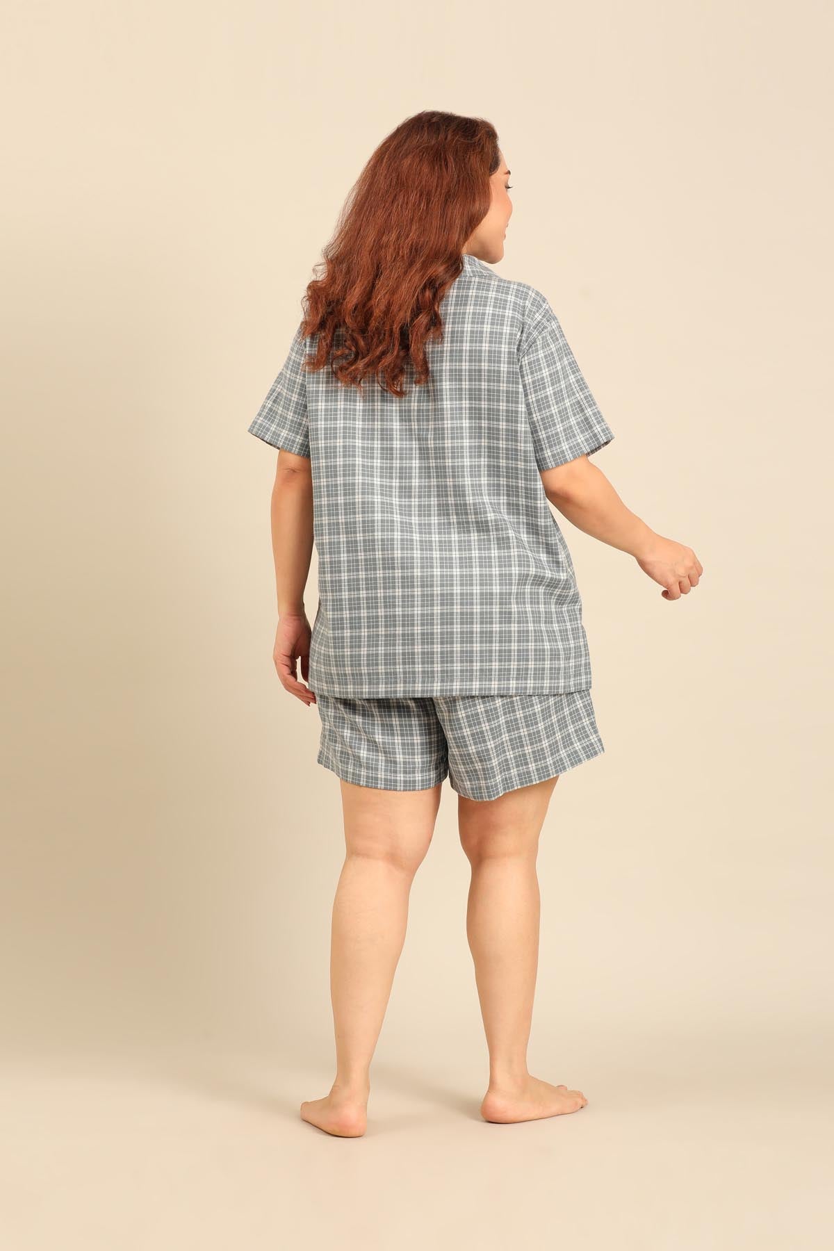 Dusty Blue Check Cotton Twill Women's Curve Shorts Set - Half Sleeves