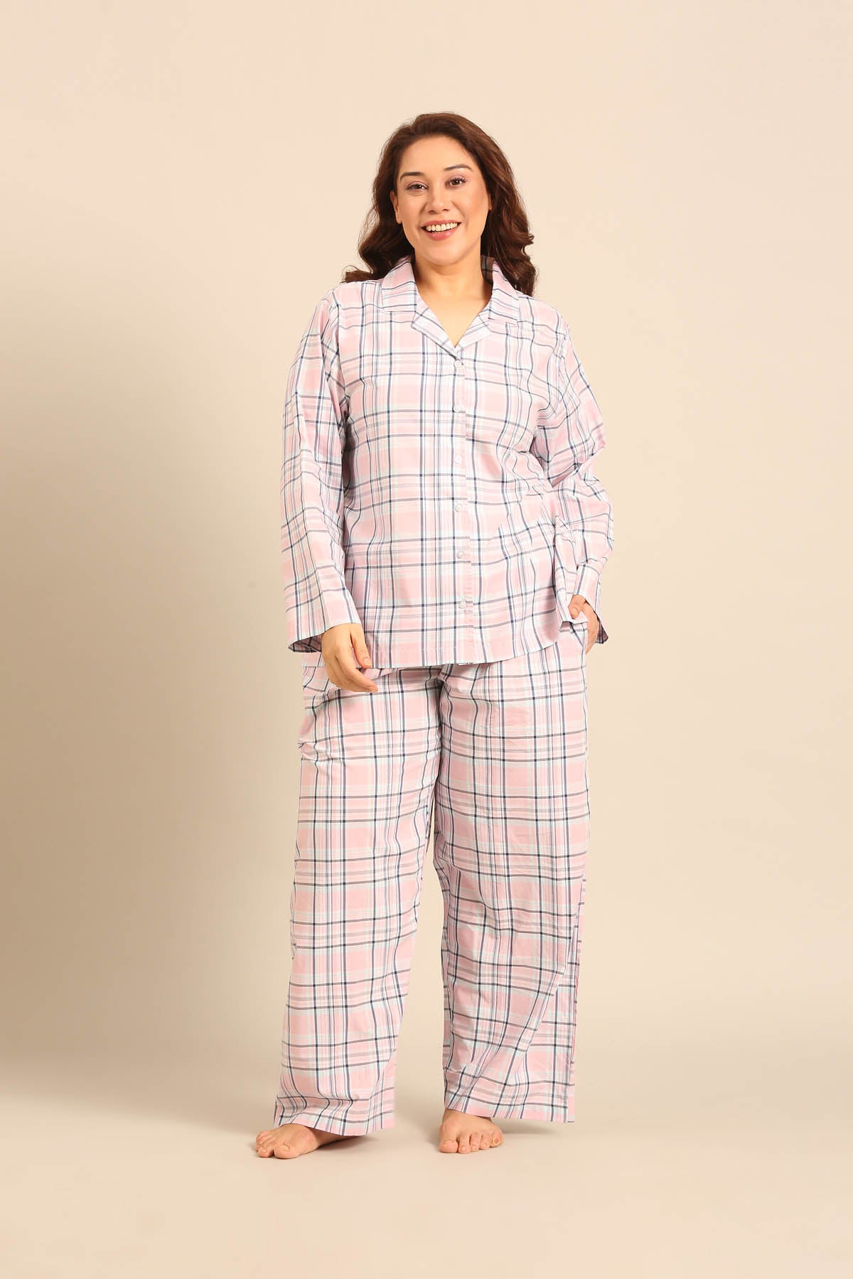 Annette Check Cotton Women's Curve Pajama Set - Full Sleeves