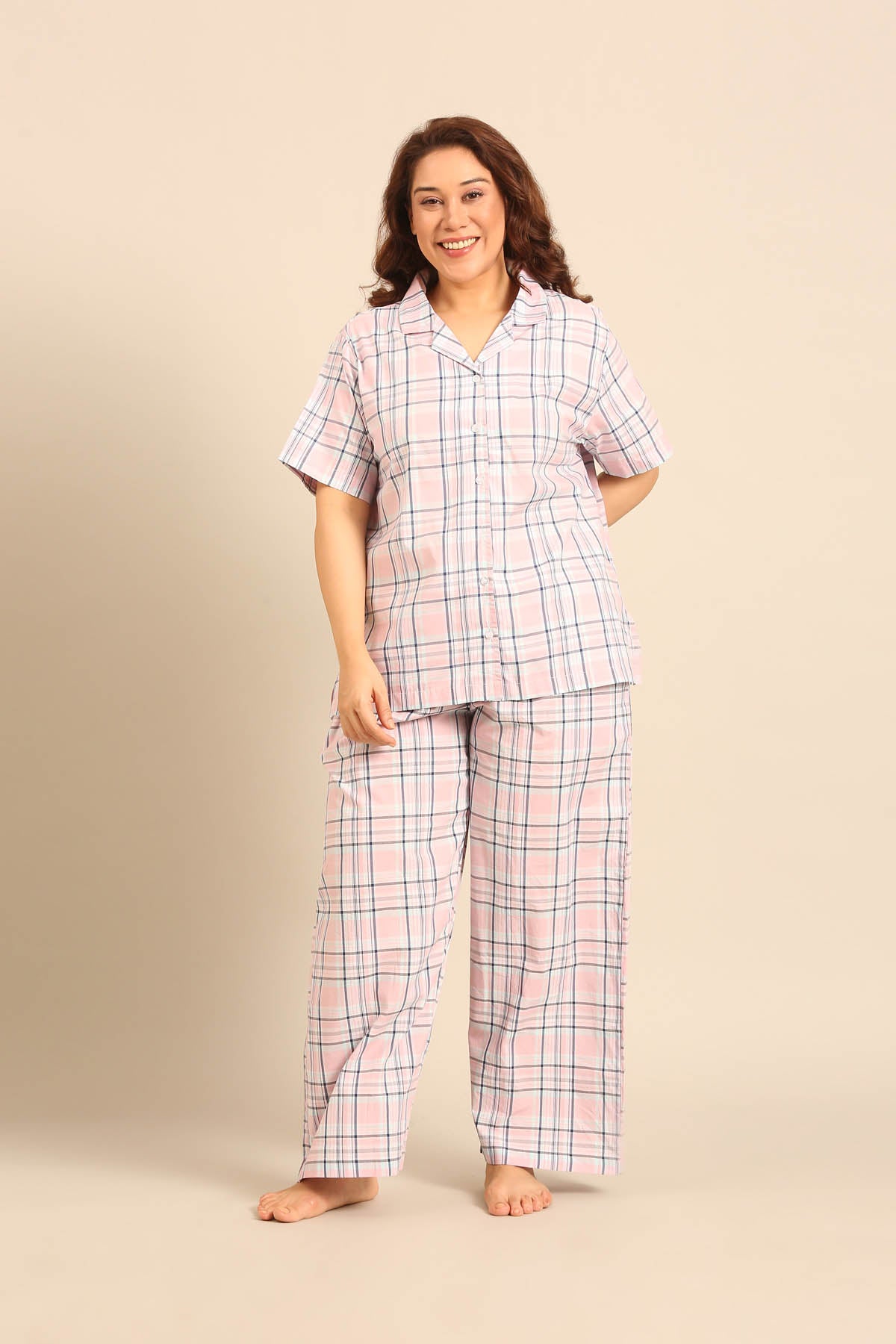 Annette Check Cotton Women's Curve Pajama Set - Half Sleeves