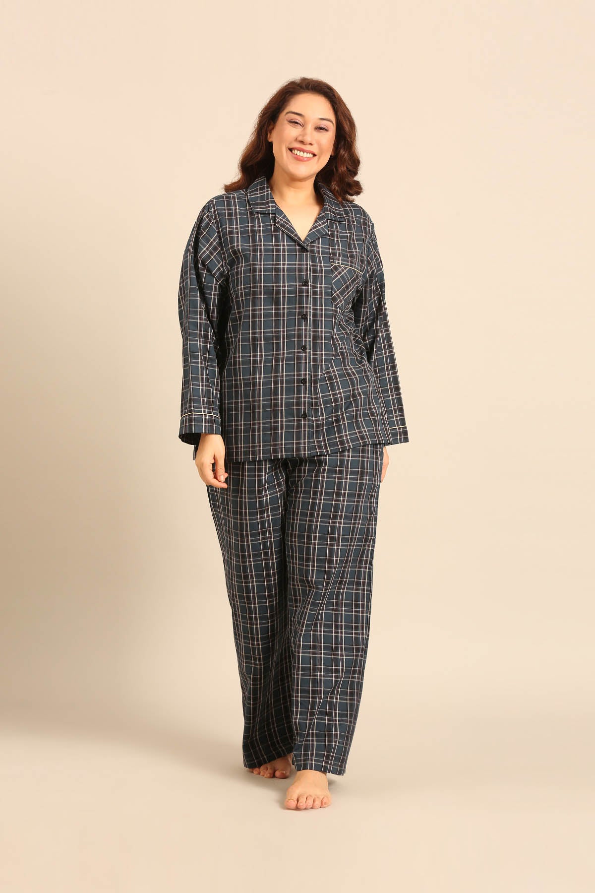 Charlotte Check Cotton Women's Curve Pajama Set - Full Sleeves