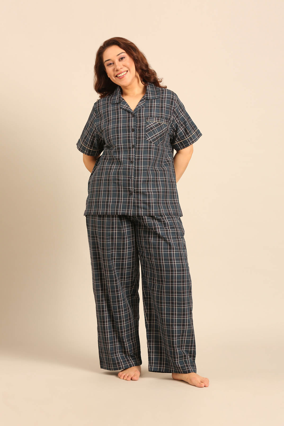 Charlotte Check Cotton Women's Curve Pajama Set - Half Sleeves