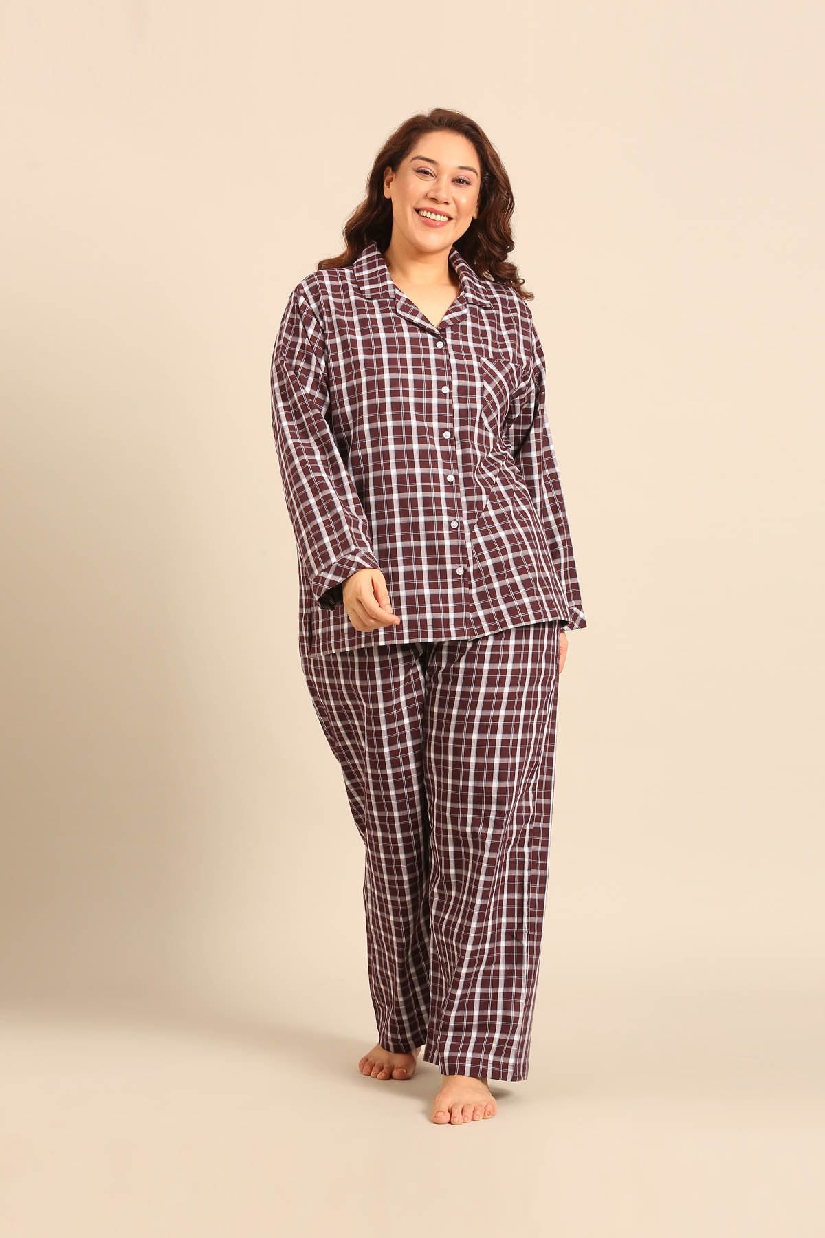 Edith Plaid Cotton Women's Curve Pajama Set - Full Sleeves
