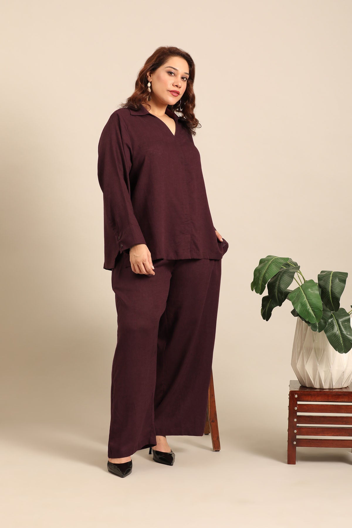 Elora Wine Linen Blend Women's Co-ord Set