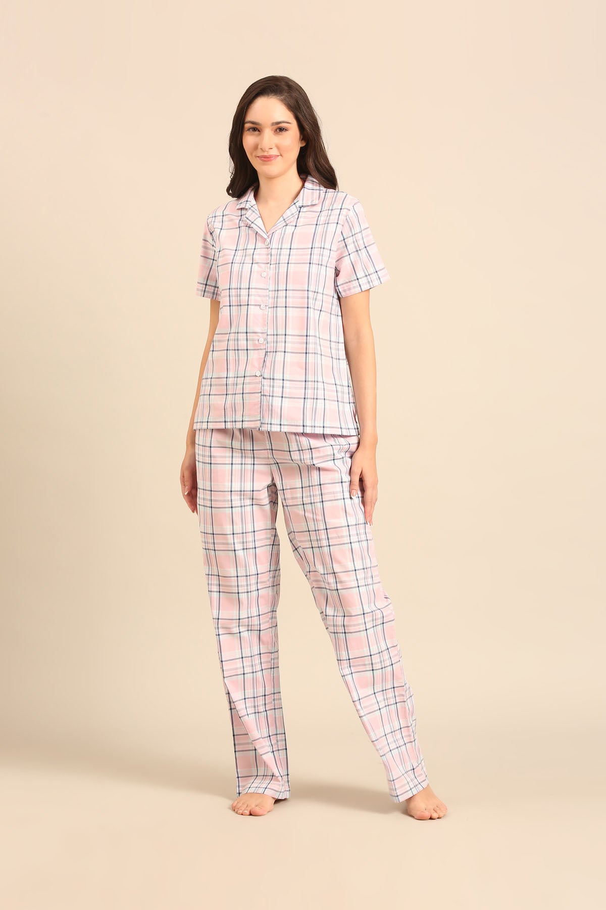 Annette Check Cotton Women's Pajama Set - Half Sleeves