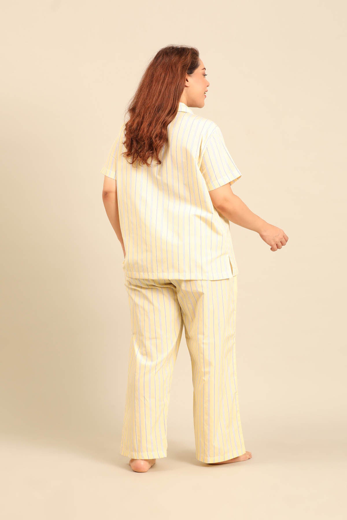 Butter Yellow Stripe Cotton Blend Women's Curve Pajama Set - Half Sleeves