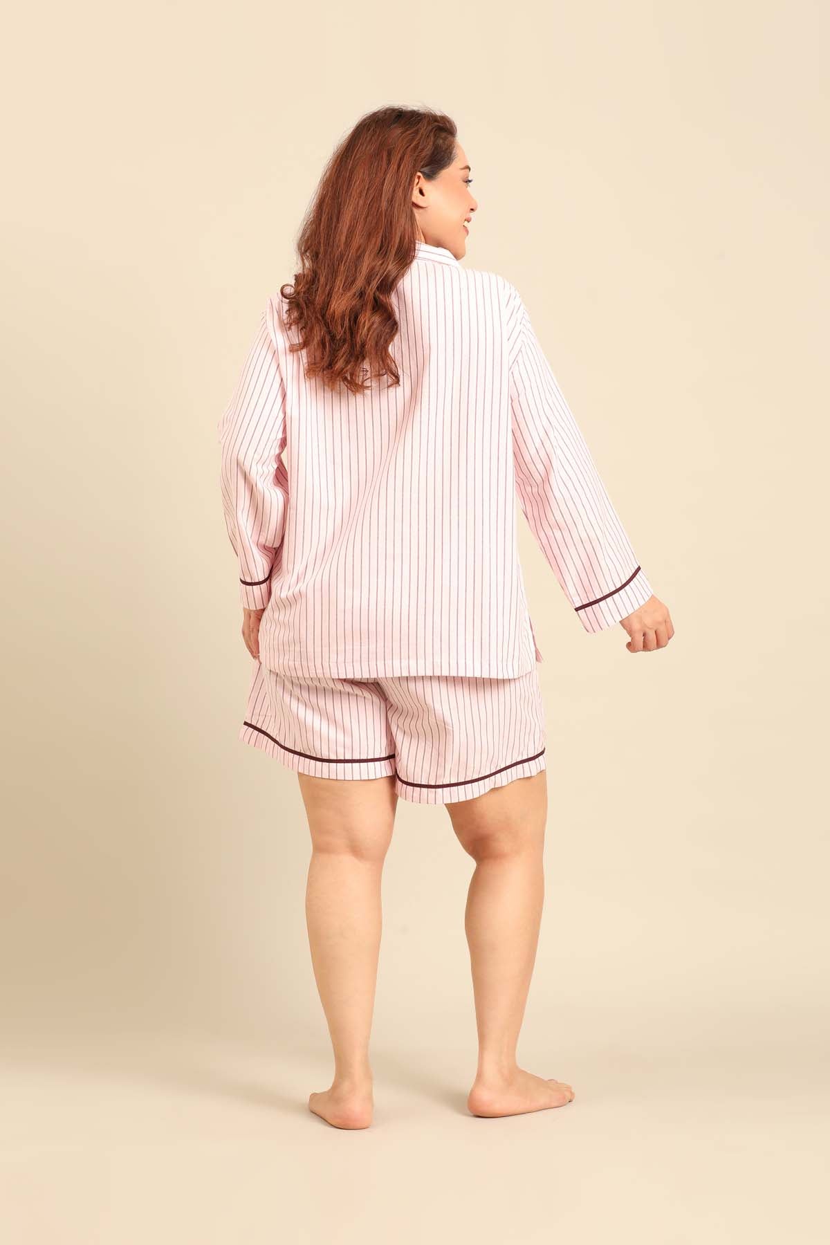 Vivian Stripe Cotton Women's Curve Shorts Set - Full Sleeves