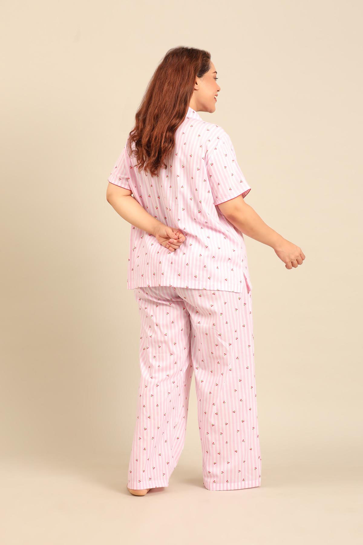 Cherry Stripe Cotton Women's Curve Pajama Set - Half Sleeves