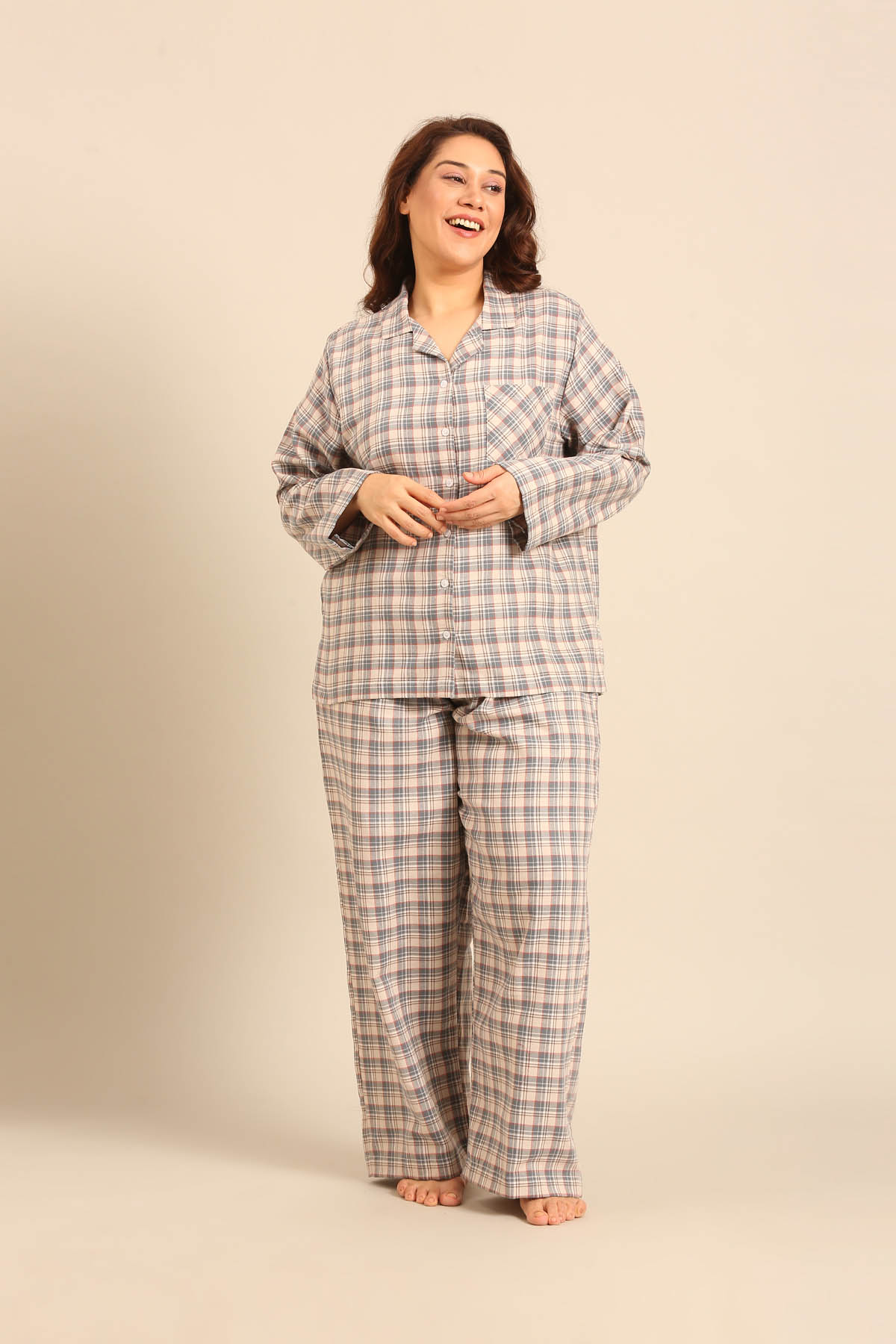 Beige Plaid Cotton Women's Curve Shirt Only - Full Sleeves