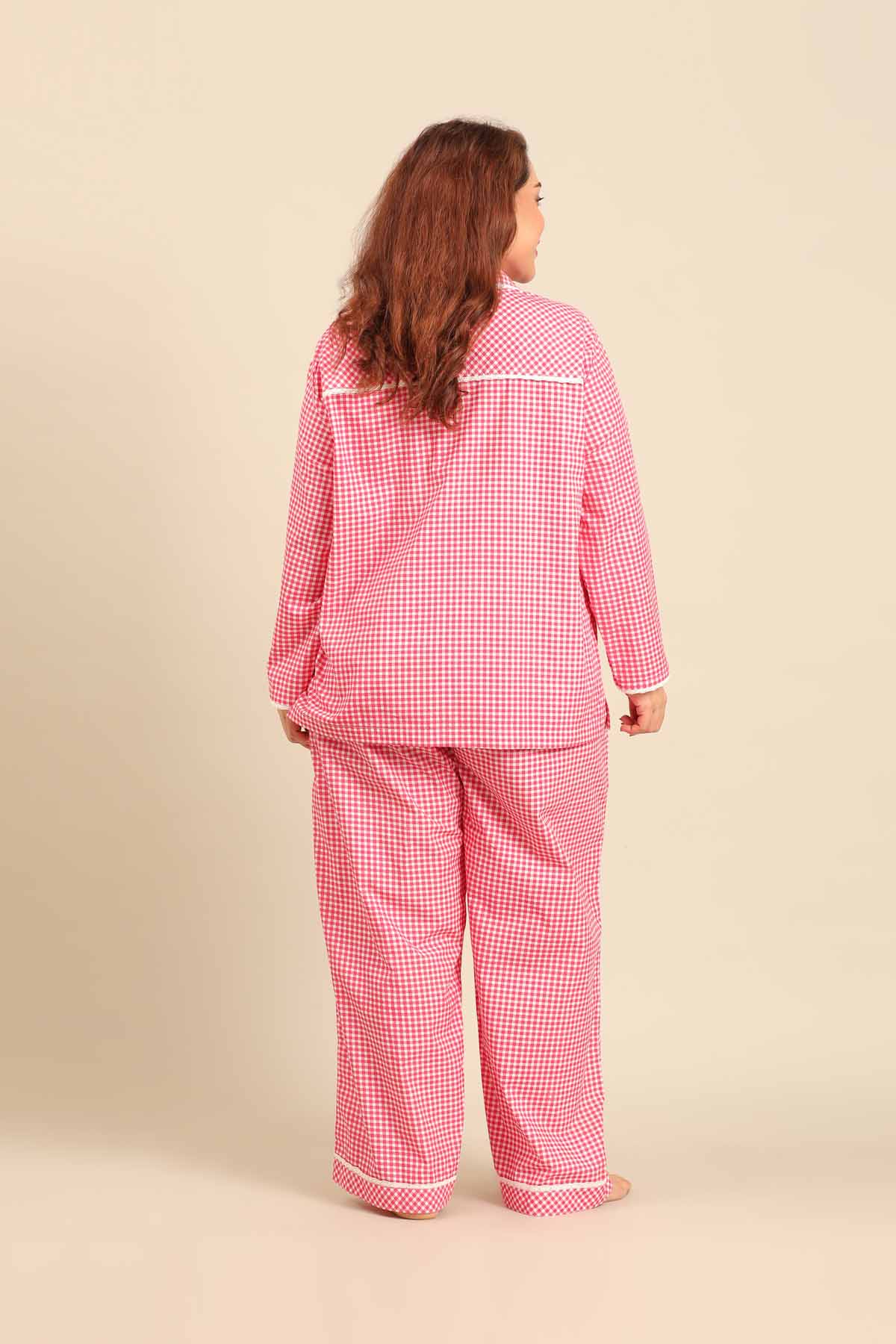 Red Gingham Check Cotton Blend Women's Curve Pajama Set - Full Sleeves