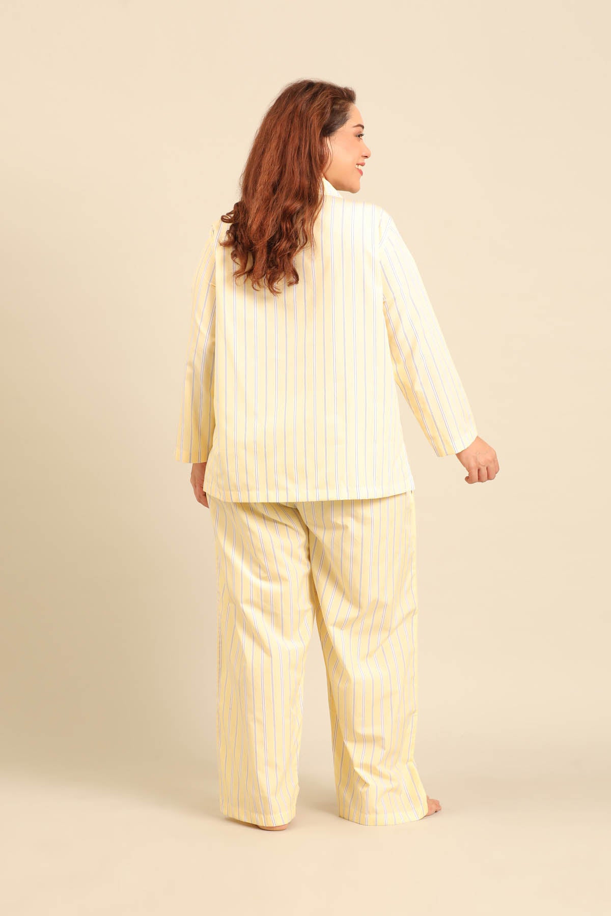 Butter Yellow Stripe Cotton Blend Women's Curve Pajama Set - Full Sleeves