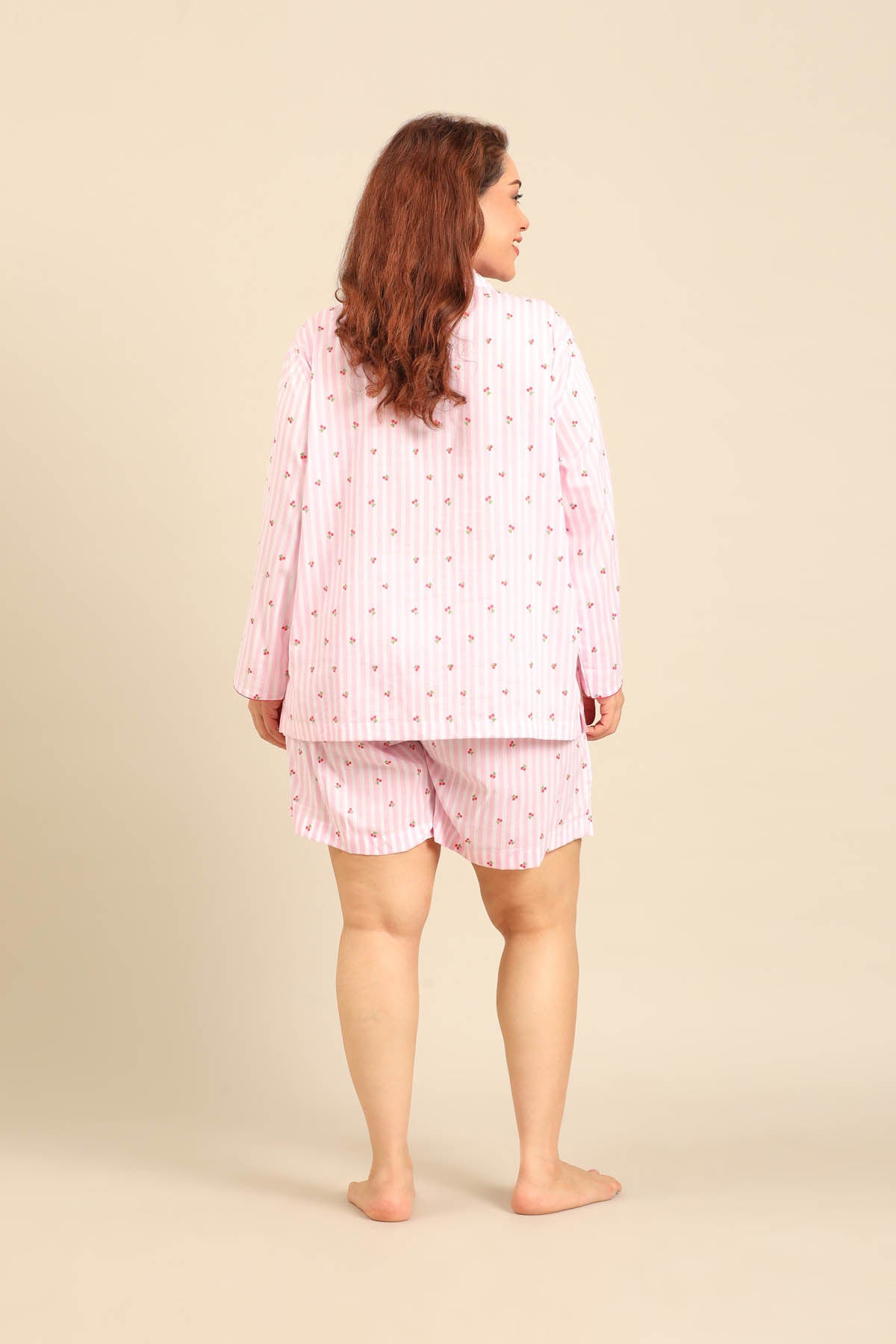 Cherry Stripe Cotton Women's Curve Shorts Set - Full Sleeves
