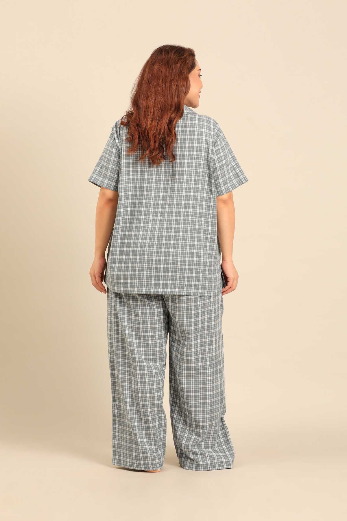 Dusty Blue Check Cotton Twill Women's Curve Pajama Set - Half Sleeves