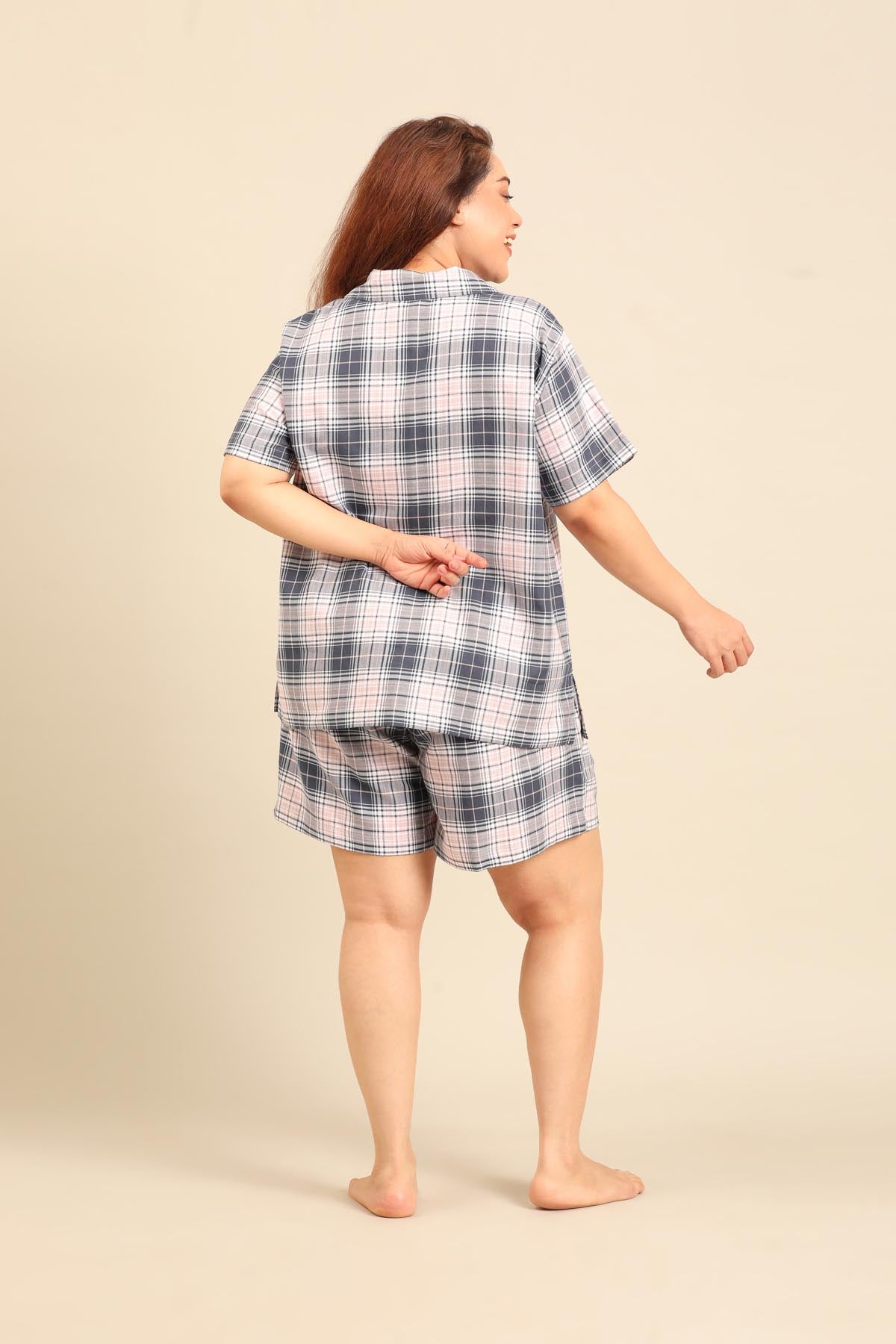 Maisie Check Cotton Twill Women's Curve Shorts Set - Half Sleeves