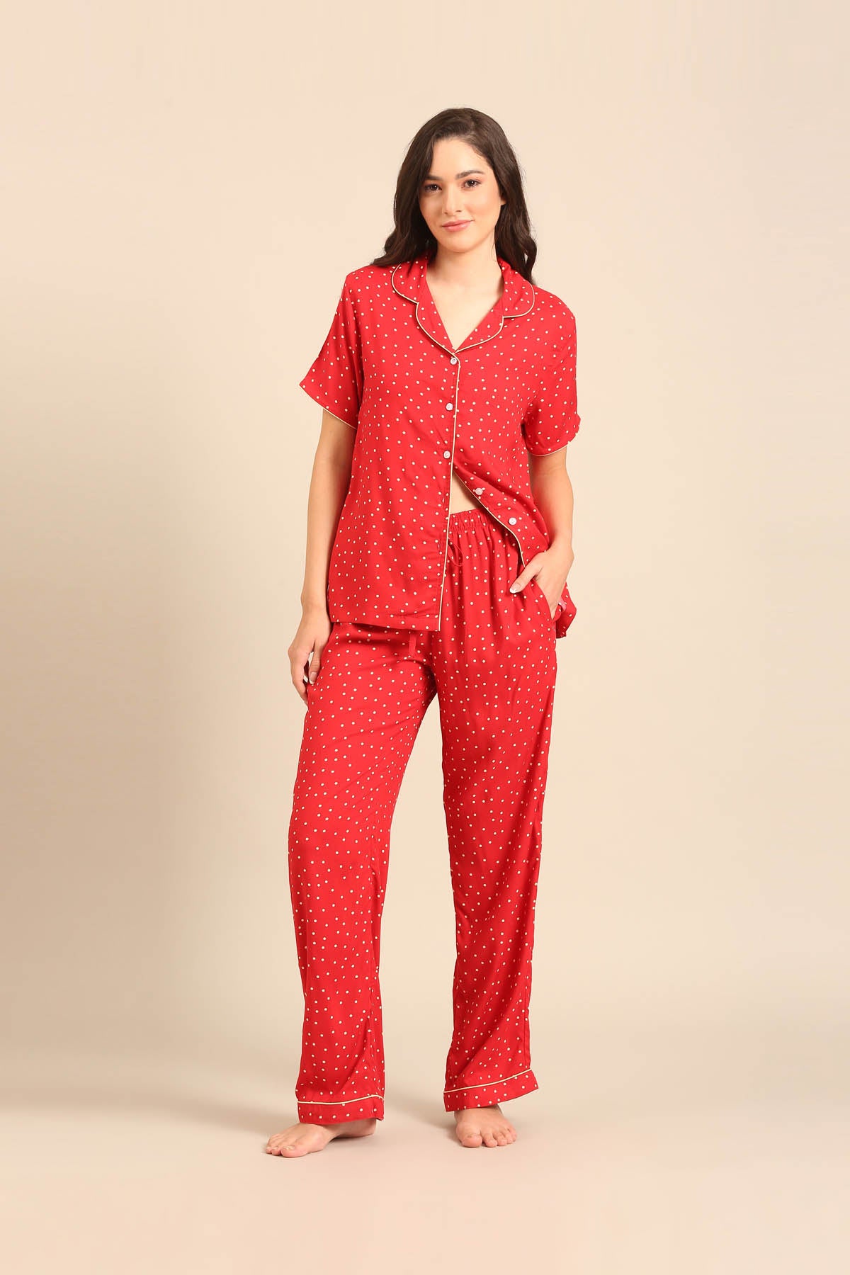 Minnie Polka Viscose Women's Pajama Set - Half Sleeves