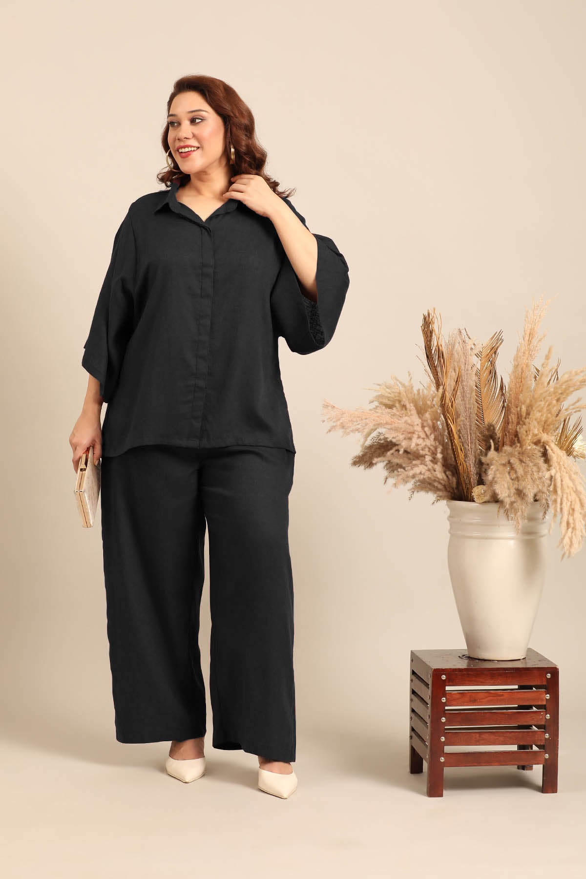 Celine Black Linen Blend Women's Co-ord Set