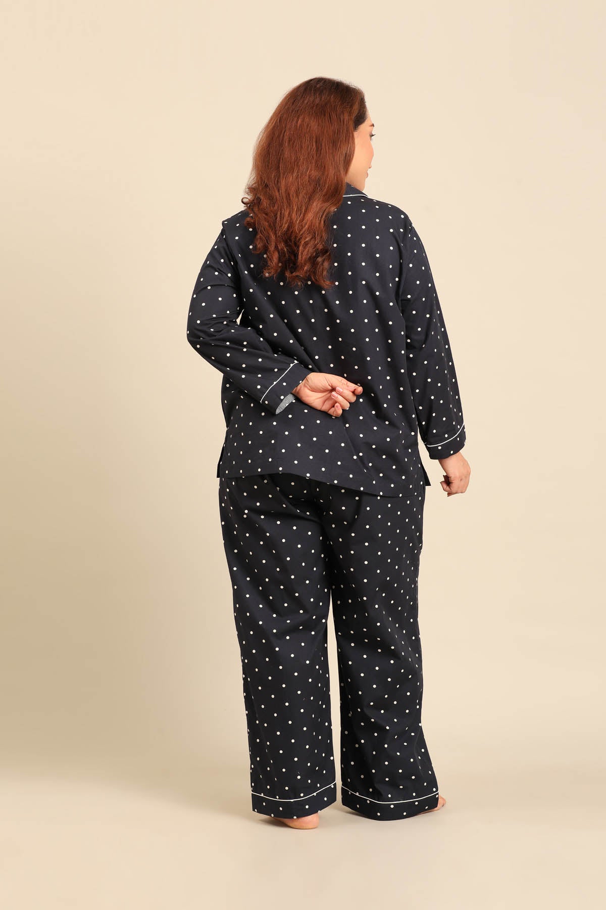 Navy Polka Cotton Blend Women's Curve Pajama Set - Full Sleeves