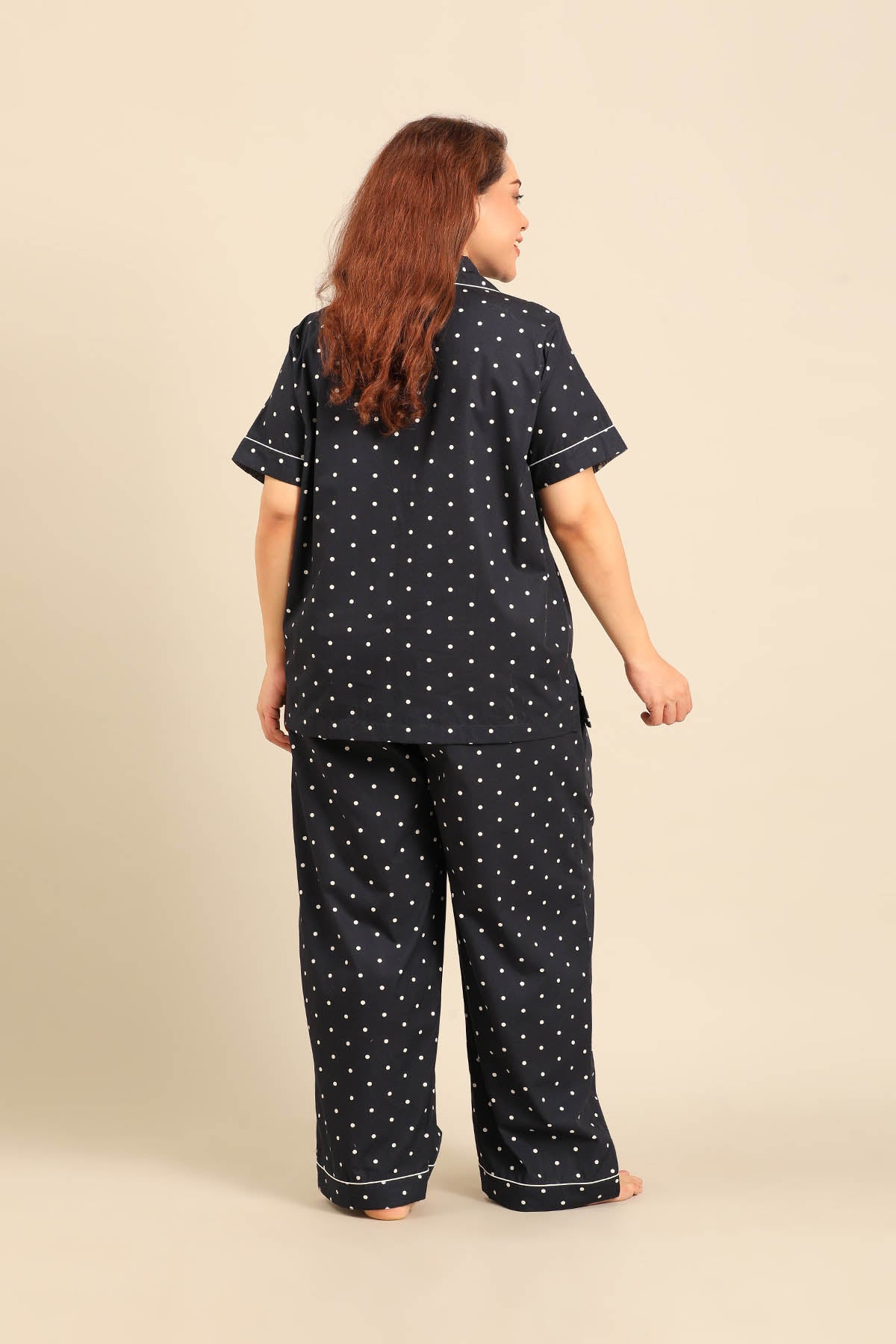 Navy Polka Cotton Blend Women's Curve Pajama Set - Half Sleeves
