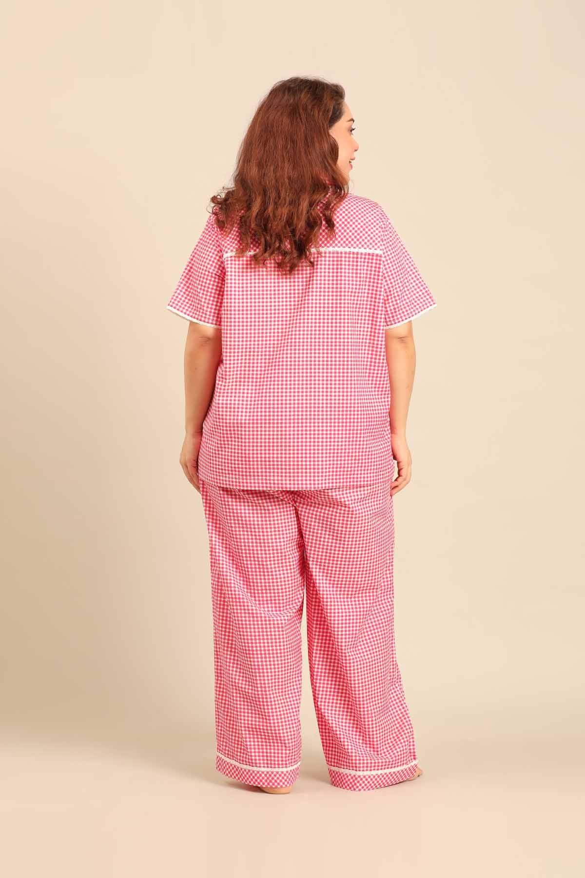 Red Gingham Check Cotton Blend Women's Curve Pajama Set - Half Sleeves