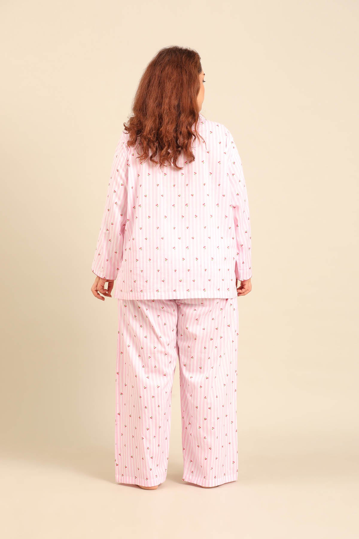 Cherry Stripe Cotton Women's Curve Pajama Set - Full Sleeves