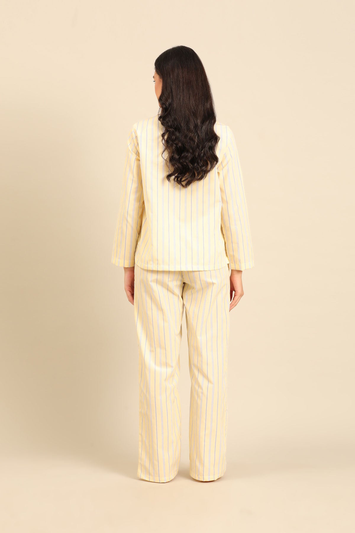 Butter Yellow Stripe Cotton Blend Women's Pajama Set - Full Sleeves