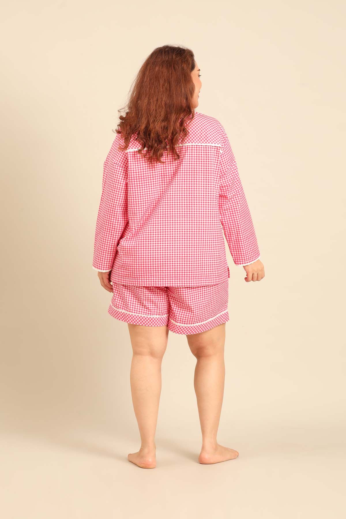 Red Gingham Check Cotton Blend Women's Curve Shorts Set - Full Sleeves