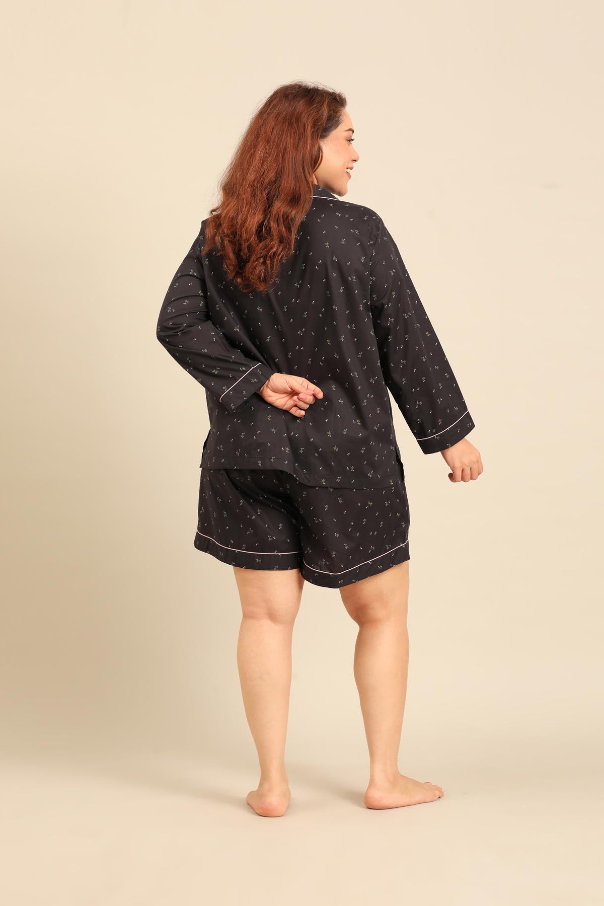 Margot Floral Cotton Women's Curve Shorts Set - Full Sleeves