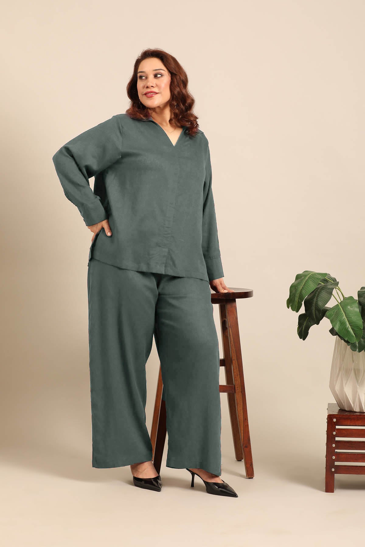 Elora Slate Blue  Linen Blend Women's Co-ord Set