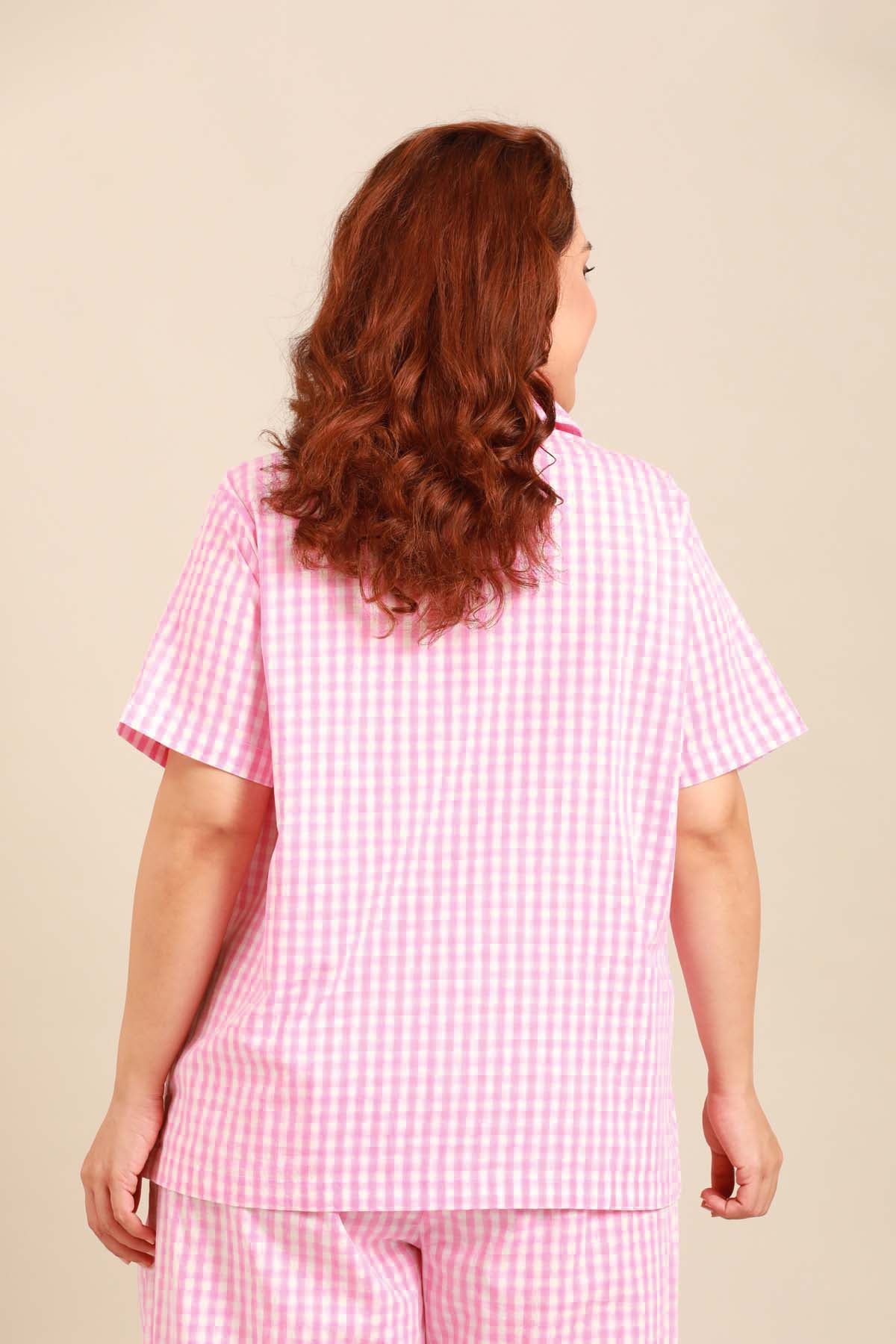 Stella Gingham Check Cotton Women's Curve Shirt Only - Half Sleeves
