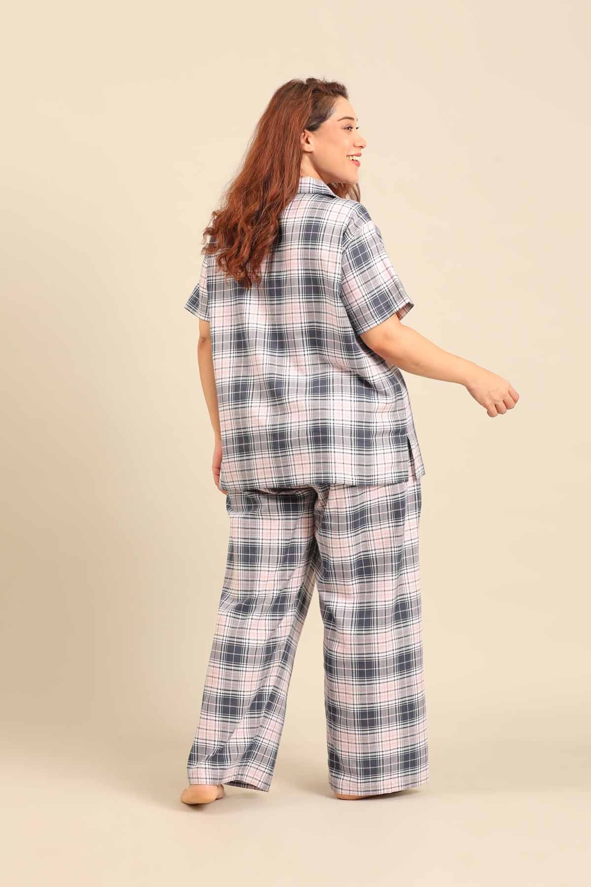 Maisie Check Cotton Twill Women's Curve Pajama Set - Half Sleeves