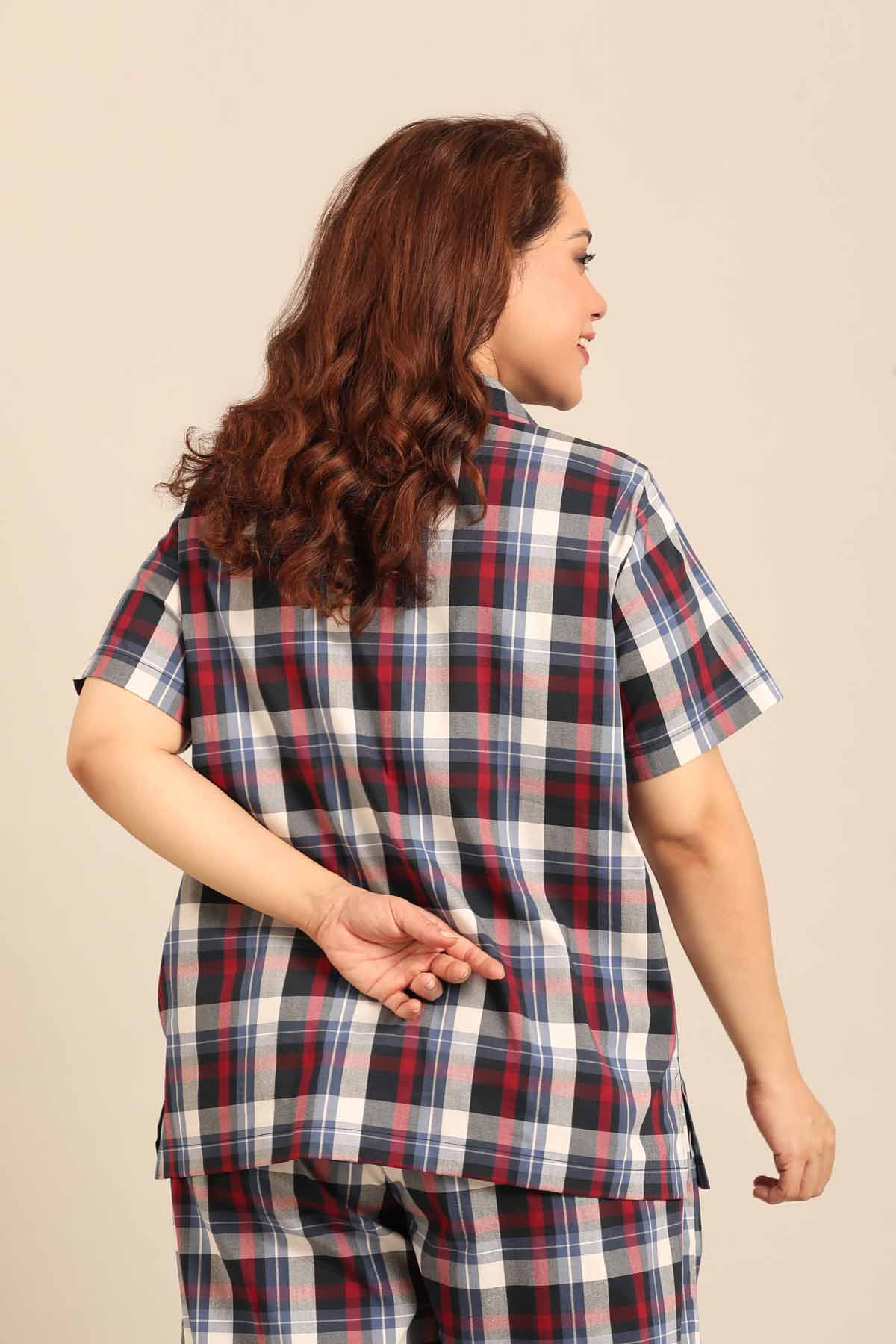 Leah Check Cotton Blend Women's Curve Shirt Only - Half Sleeves