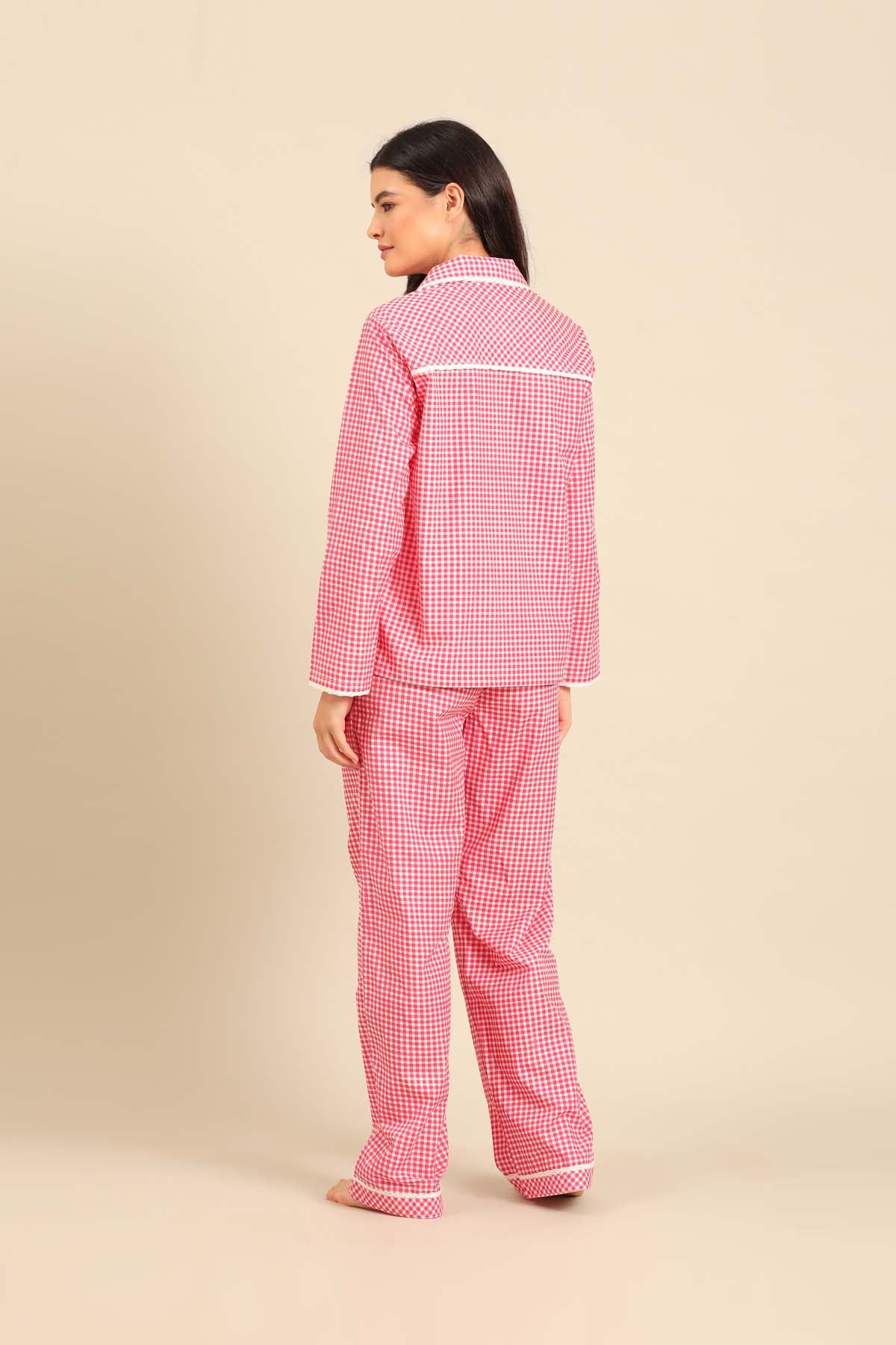 Red Gingham Check Cotton Blend Women's Pajama Set - Full Sleeves
