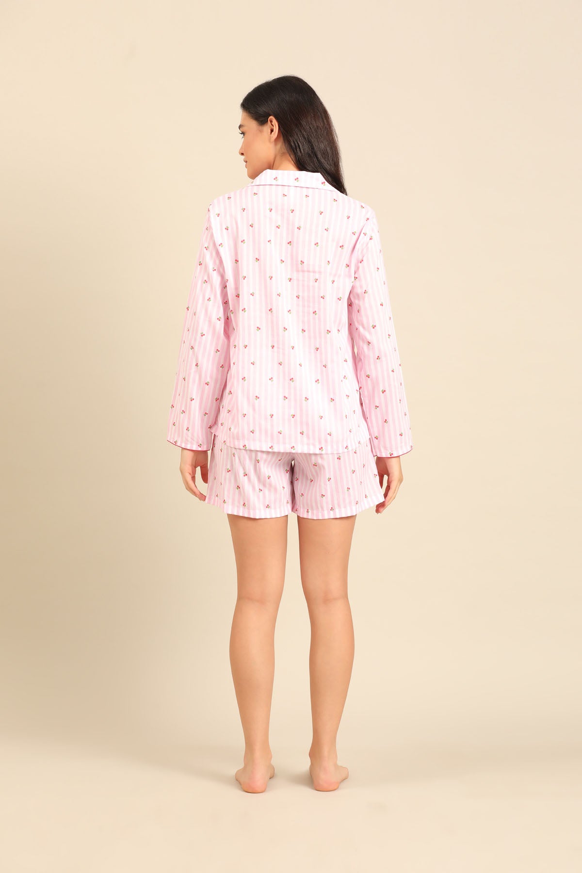 Cherry Stripe Cotton Women's Shorts Set - Full Sleeves